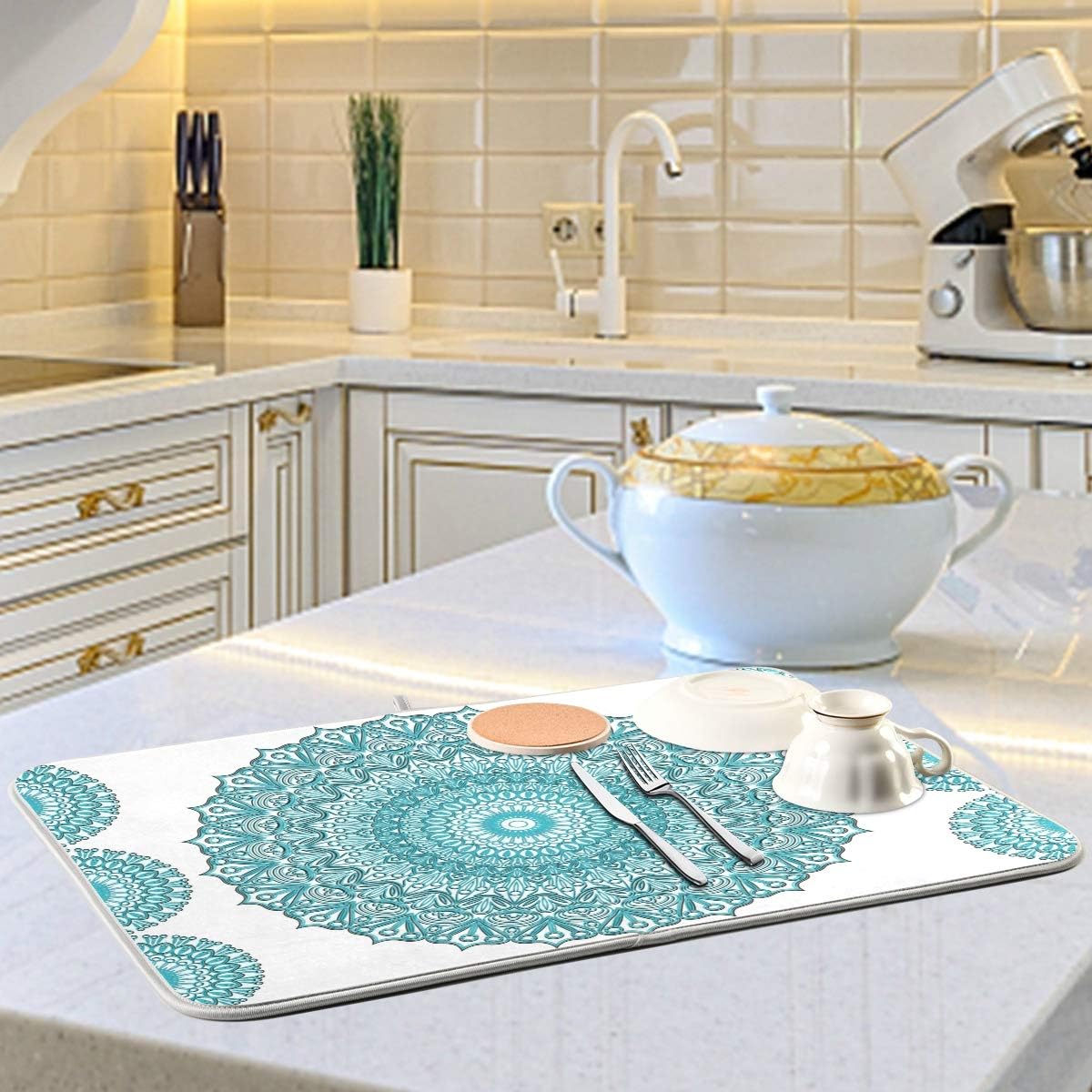 Super Absorbent Dish Drying Mat, Microfiber Fast-Drying Dish Mat, 24" x 18", Kitchen Dish Drying Pad, Boho Ethnic Turquoise Mandala