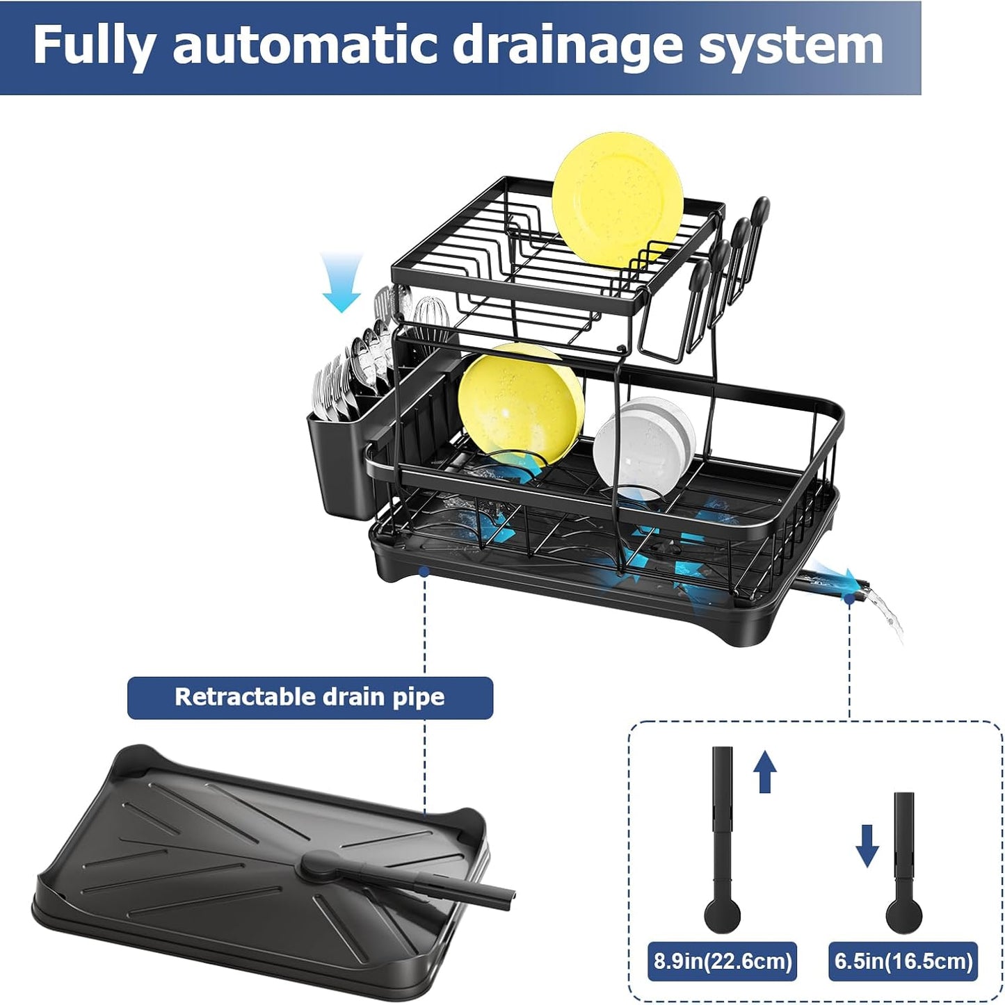 Dish Drying Rack 2-Tier Dish Racks for Kitchen Counter, Adjustable Spout Auto-Draining Dish Rack, Large Capacity for Plates, Bowls, Cups, Tableware,Dish Drainer with Drainboard,Black
