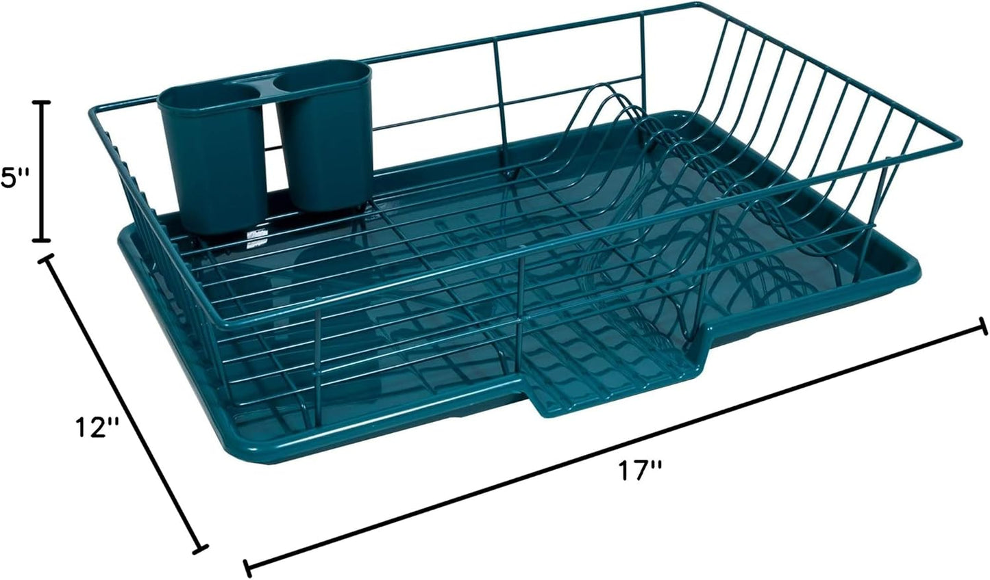 Sweet Home Collection Space-Saving 3-Piece Dish Drainer Rack Set: Efficient Kitchen Organizer for Quick Drying and Storage - Includes Cutlery Holder and Drainboard - Maximize Countertop Space, Teal