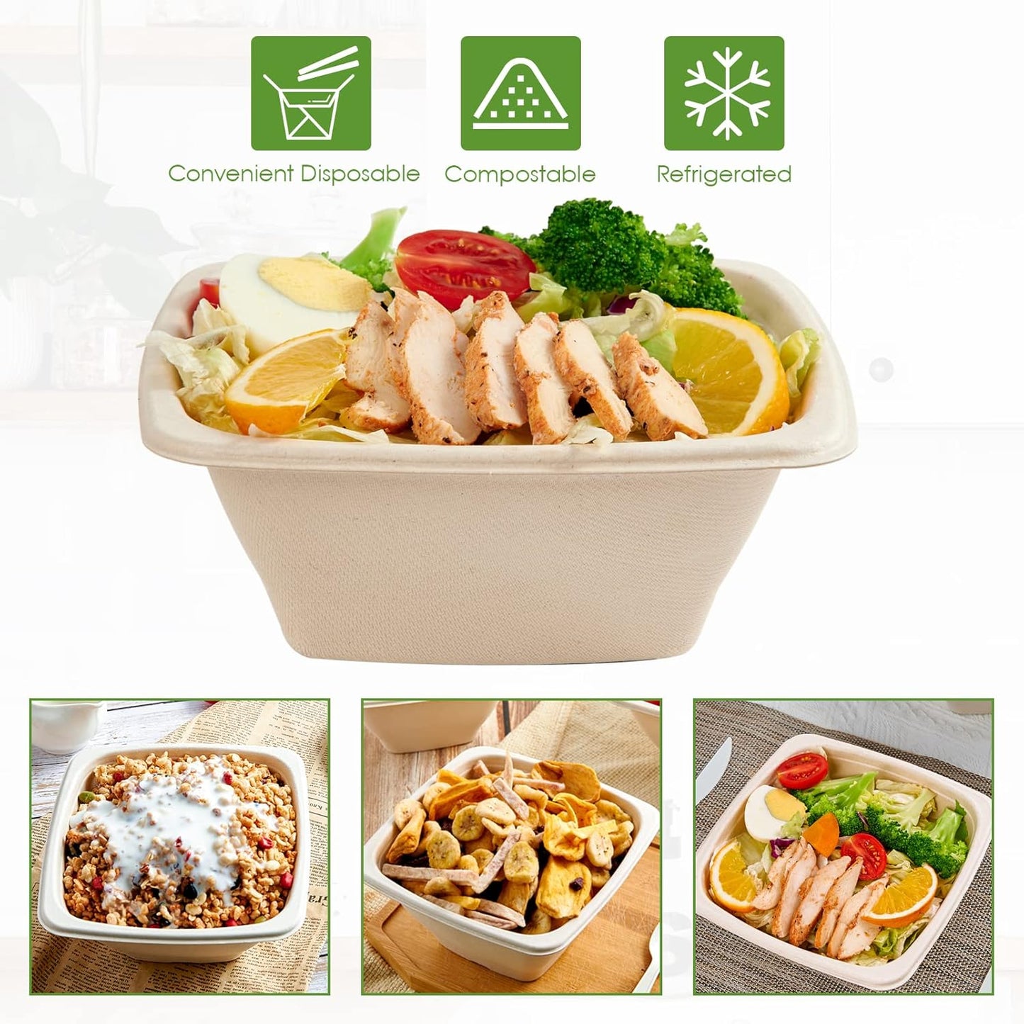 Vplus 150 Pack 32 OZ Paper Bowls Bulk, Square Disposable and Compostable, Eco-friendly Bagasse, Heavy-duty Bowls Perfect for Milk Cereals, Snacks, Salads