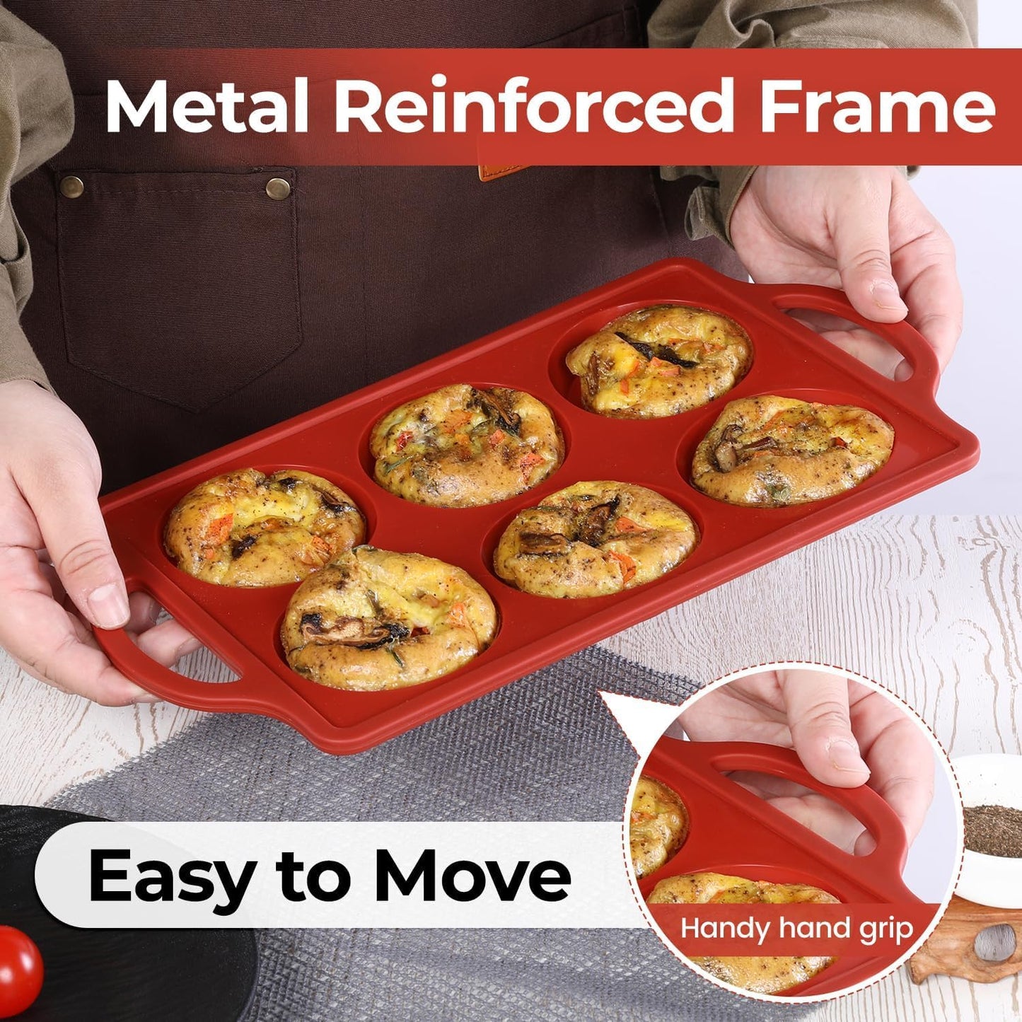 Muffin Top Pan, Metal Reinforced Frame 3 Inch Silicone Egg Molds for Breakfast Sandwiches Non Stick Round Silicone Egg Pan for Baking English Muffins, Whoopie Pies, Corn Bread, Tarts 2 Pack Brown