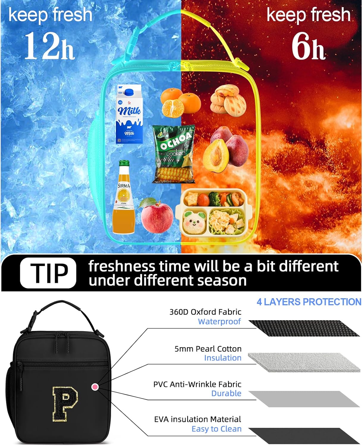 Initial Insulated Lunch Bag for Boys Kids, Back to School Gift, Reusable Leak-proof Lunch Box with Adjustable Strap for School Daycare Travel Picnic(Black,P)