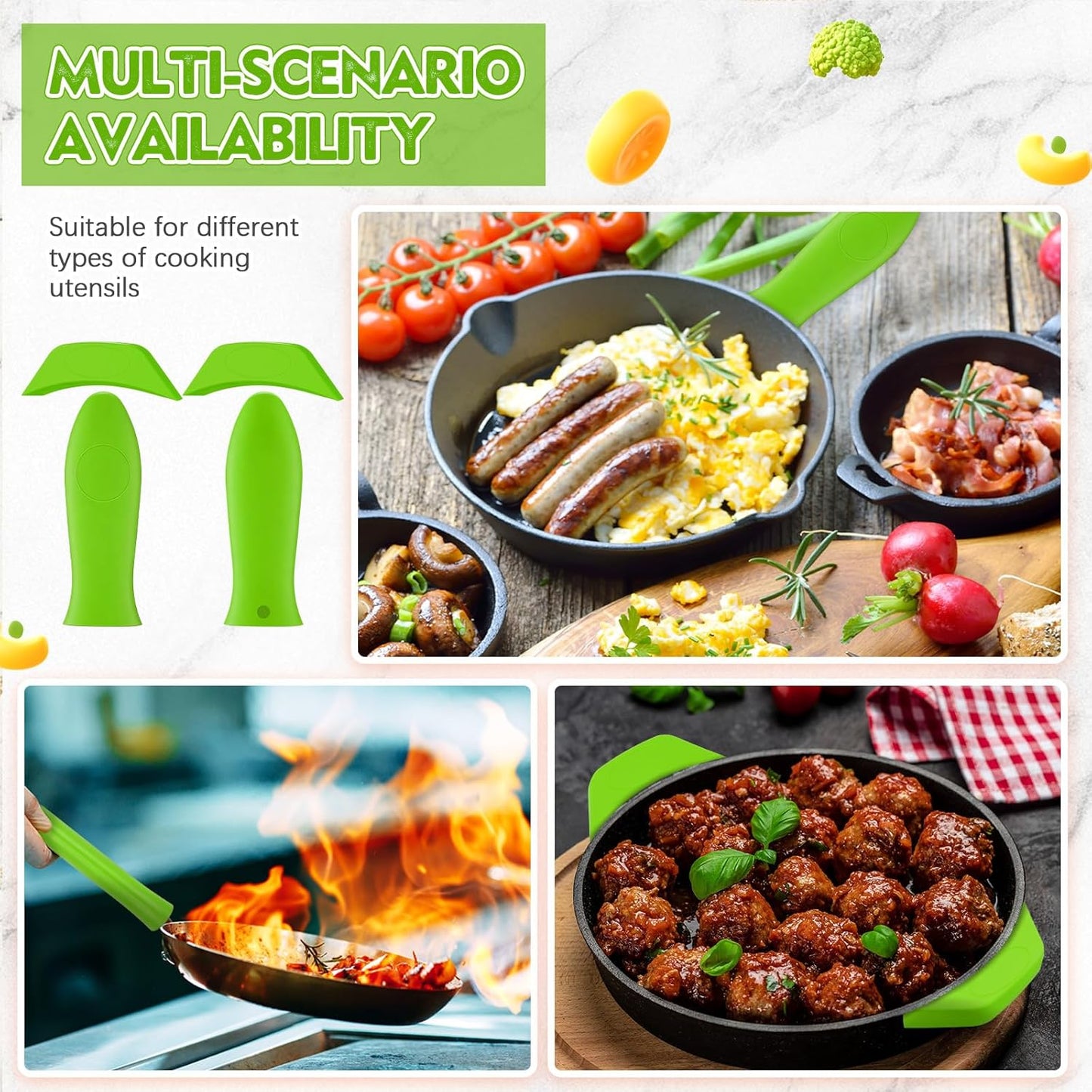 Domensi 4 Pcs Silicone Hot Handle Holder Set Cast Iron Skillet Handle Covers Heat Resistant Silicone Assist Handle Holder for Frying Pans Cast Iron Skillet Griddles Cookware(Green)