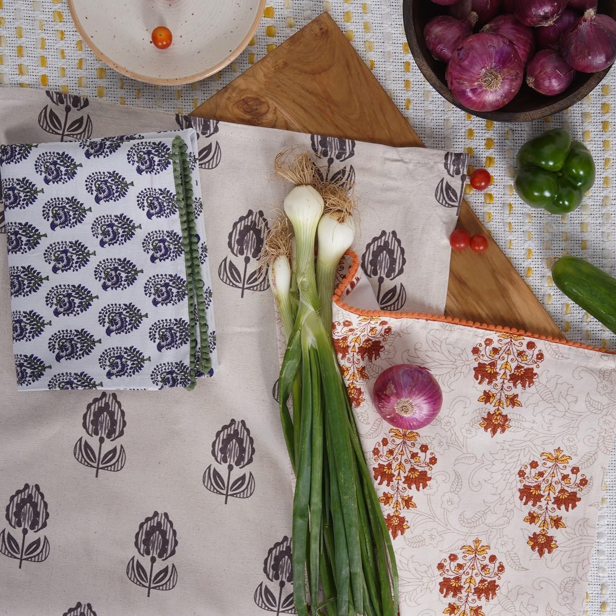 Printed Kitchen Dish Bar and Tea Towels Cotton, 18x28 inch with Trims, Cotton Dish Towel Sets (Multicolor Motif, Set of 3)