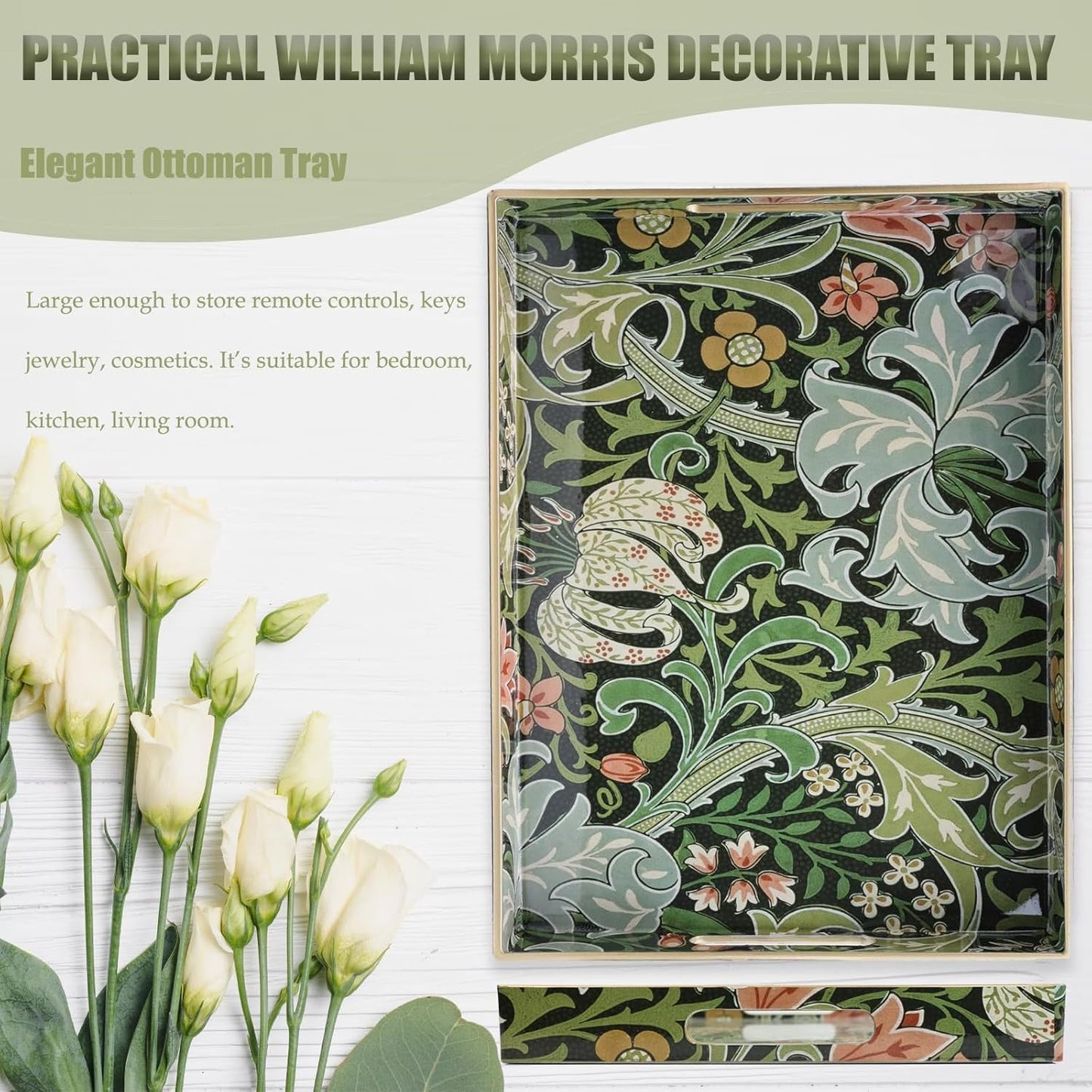 Spsyrine Serving Tray with Handles, Plastic Decorative Tray for Coffee Table, Living Room, Home Decor, Golden Lily