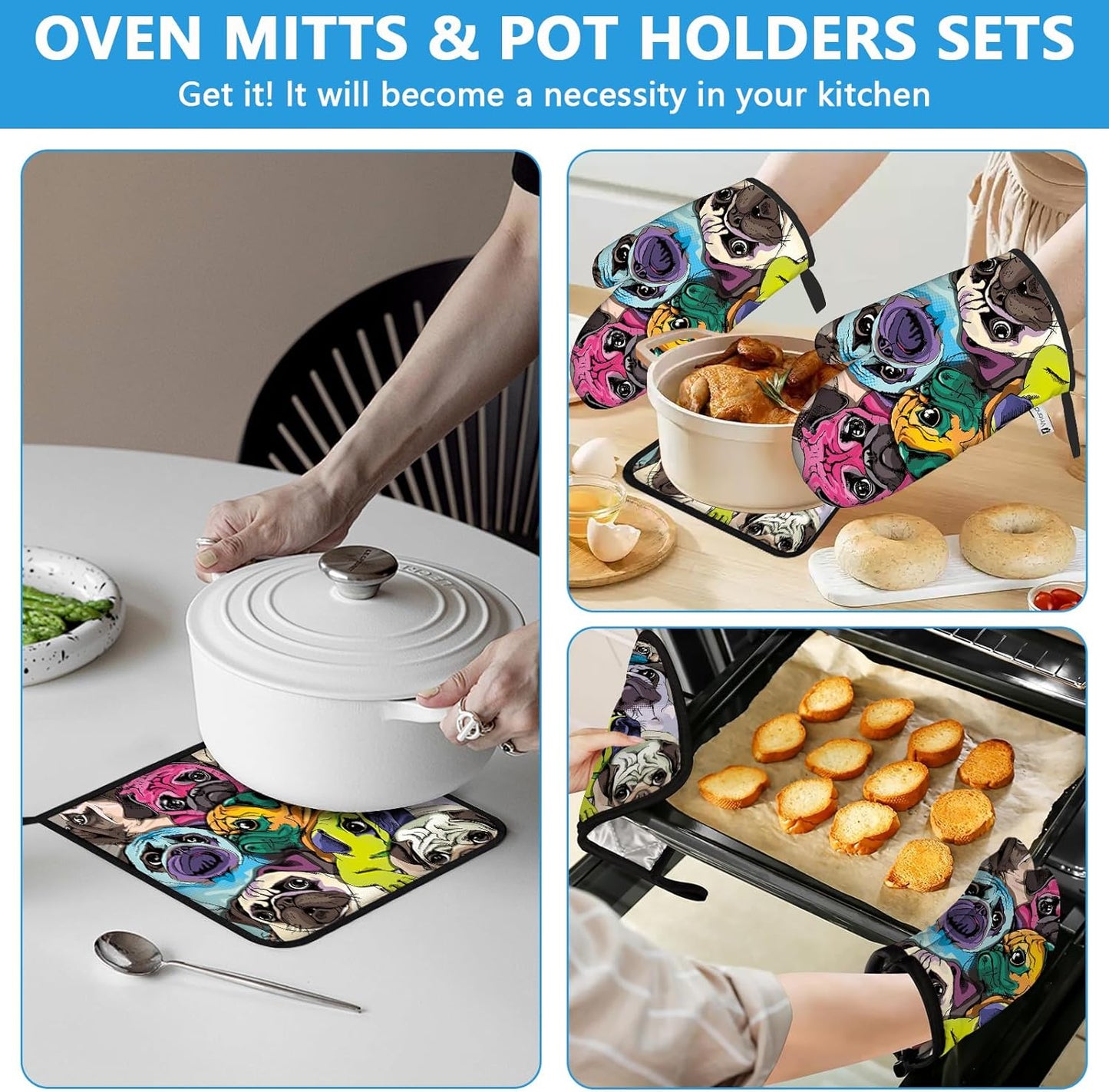 Colorful Pug Dog Face Oven Mitts and Pot Holders Sets Heat Resistant 4Pcs Potholders Oven Gloves Hot Pads for Kitchen Baking Cooking Grilling BBQ