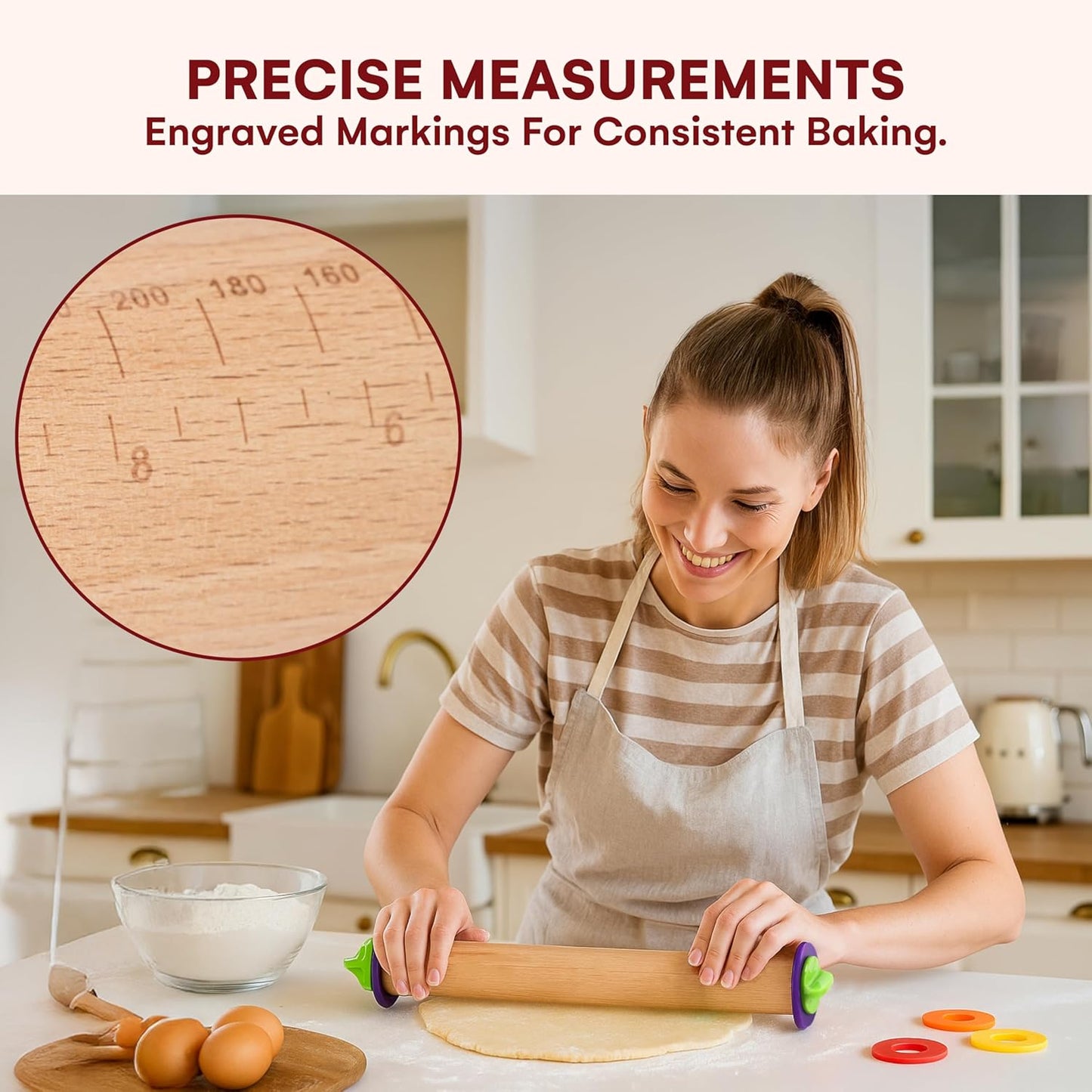 Kitchtic Rolling Pin with Thickness Rings - Adjustable Wooden Rolling Pin - Baking Essential and Roller Tool - Consistent Thickness - Easy to Clean - Beechwood Material - 13.7 x 2.75 x 2.75 inches