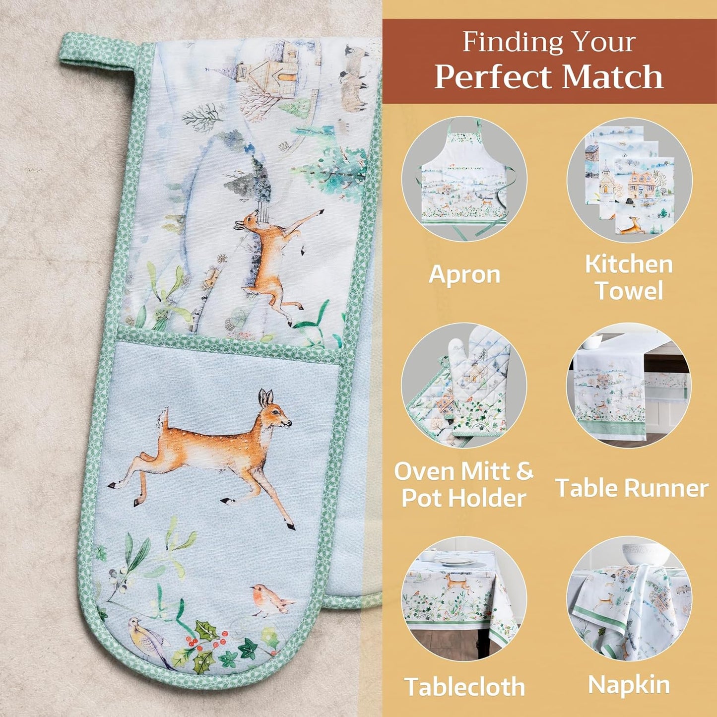 Maison d' Hermine Double Oven Mitts 100% Cotton 7"x35" Double Oven Mitt Heat Resistant BBQ Cooking Gloves with Loop, Baking, Grilling, Home, Kitchen, Handling Hot Pans (Snowy World)