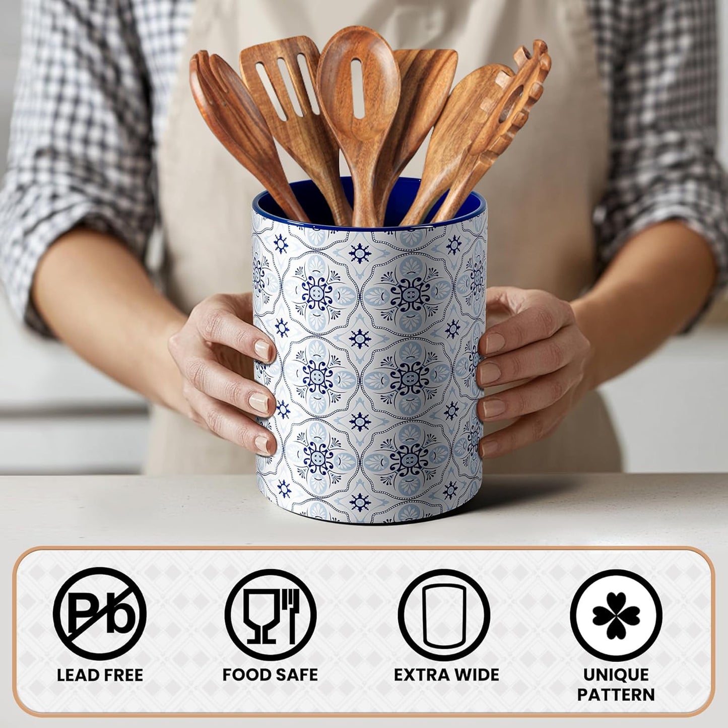 Ceramic Kitchen Utensil Holder for Countertop, Large Mediterranean Utensil Crock ,Navy Blue