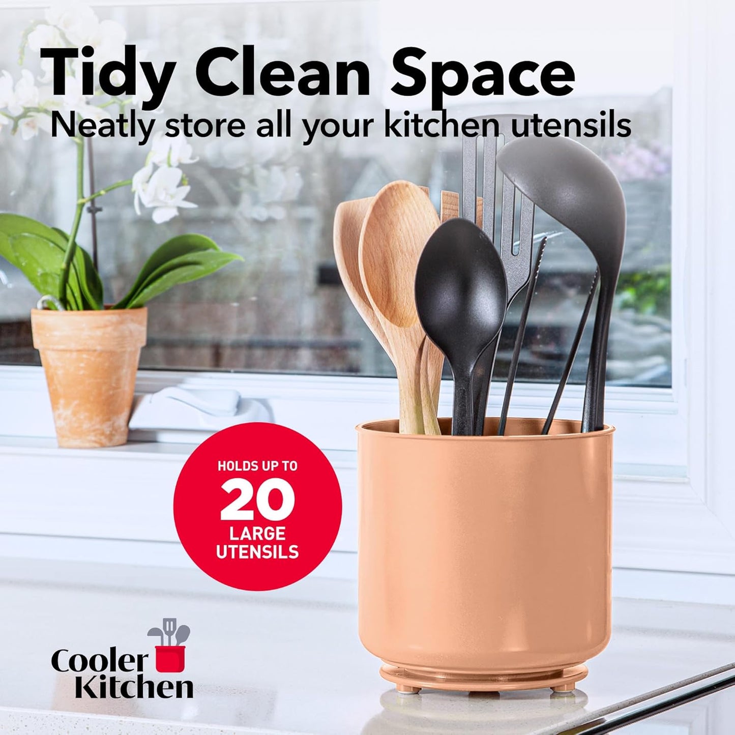 Rotating Extra Large Peach Plastic Utensil Holder Caddy with Sturdy No-Tip Weighted Base, Removable Divider, and Gripped Insert - Dishwasher Safe Kitchen Utensil Holder for Countertop