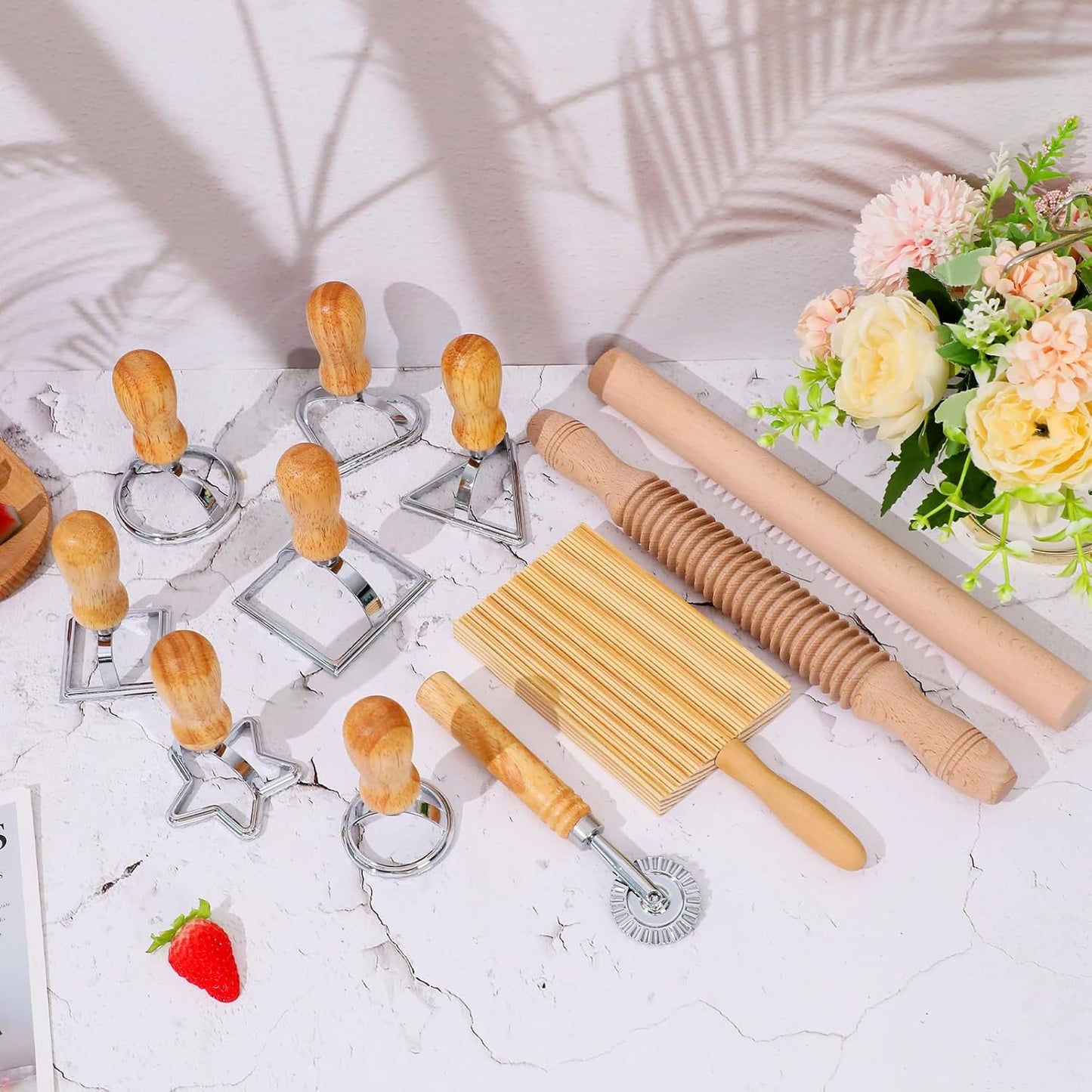 Pasta Making Tool Set of 11, Ravioli Maker Cutter Stamp Set, 1 Pasta Cutter Wheel with 1 Dough Roller, 1 Wood Gnocchi Board with 1 Ravioli Rolling Pin, Pasta Maker Tools for Lasagna, Pierogi