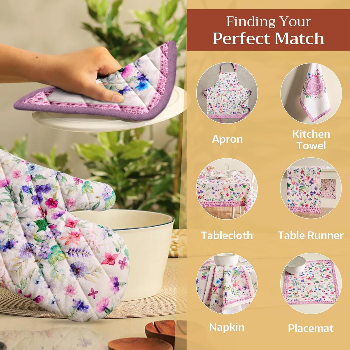 Maison d' Hermine Oven Gloves 100% Cotton Oven Mitt 7" x 13" with Loop Heat Resistant, BBQ, Cooking Gloves, Baking, Grilling, Kitchen, Handling Hot Pans Spring/Summer (Pack of 1, Chardon)