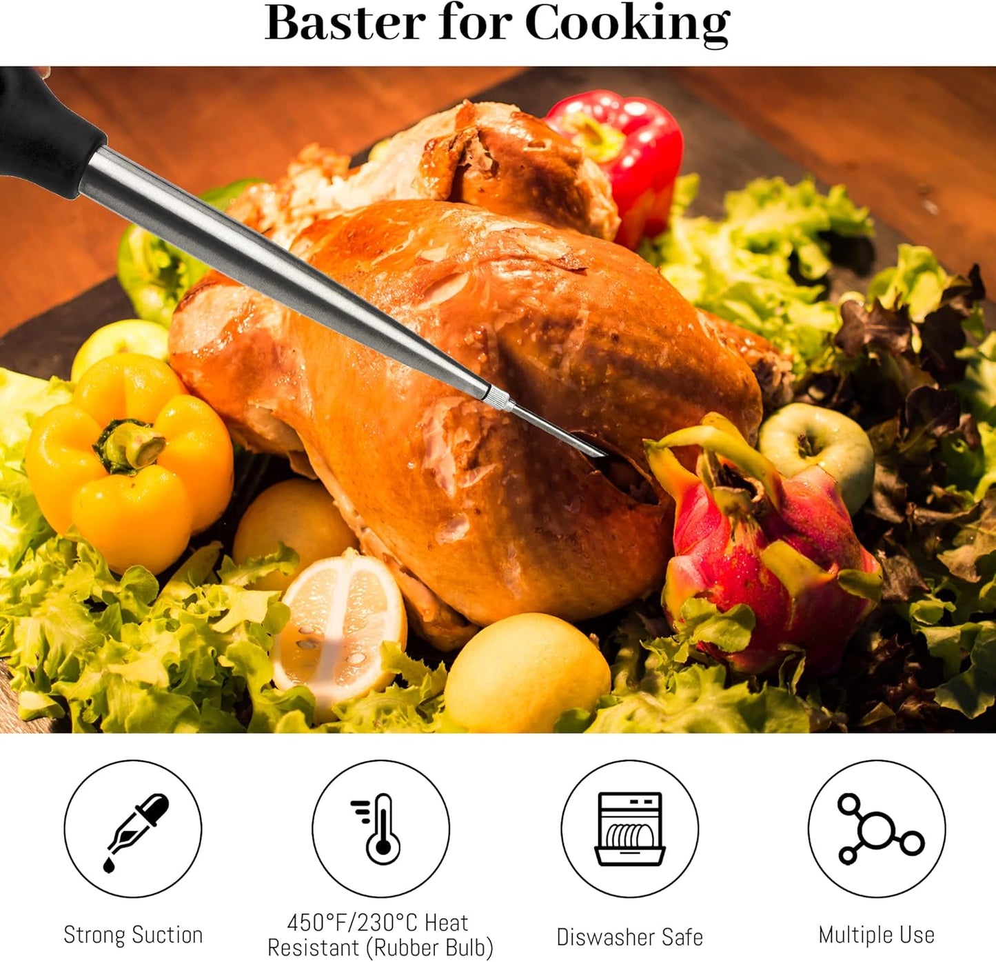 Turkey Baster Syringe for Cooking, Large Stainless Steel Meat Injector, with Cleaning Brush and 2 Marinade Needles, Black