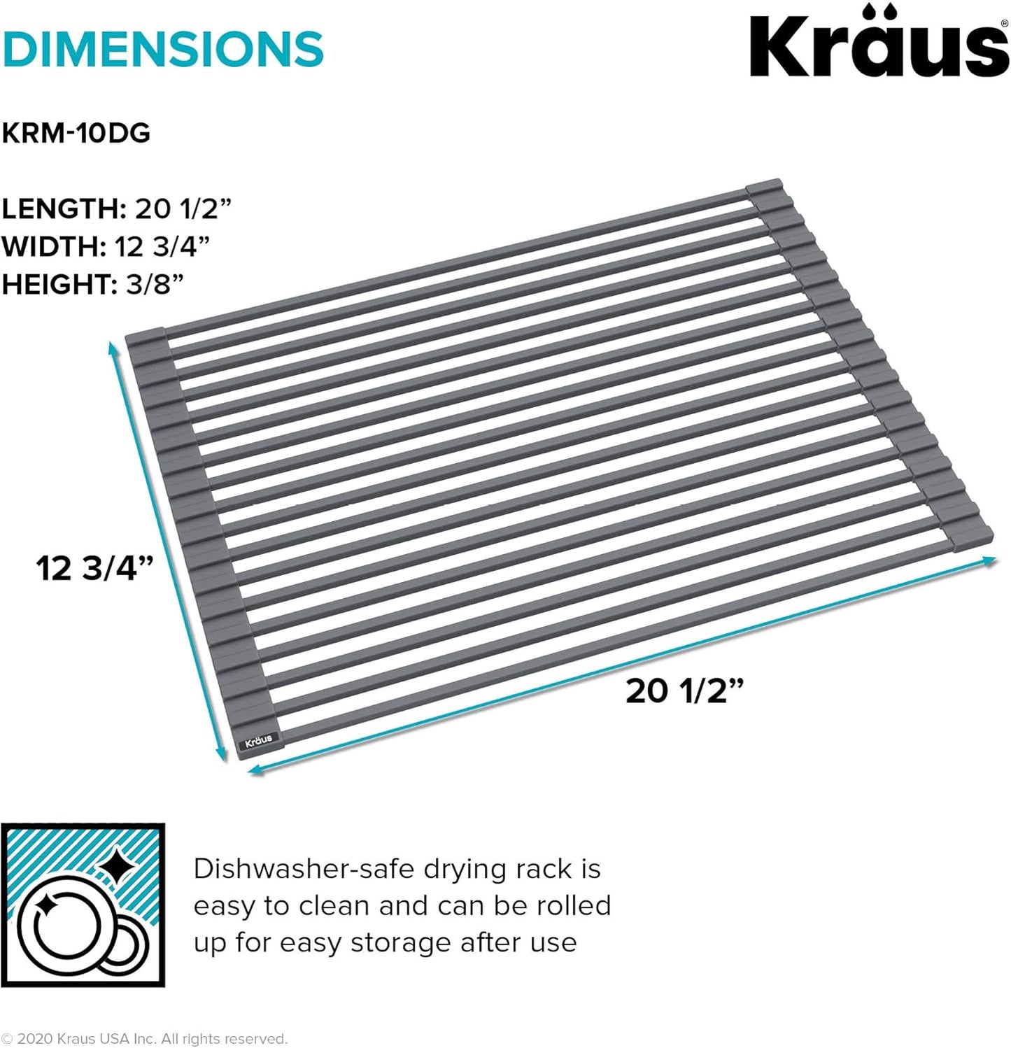 Kraus Multipurpose Over-Sink Roll-Up Dish Drying Rack, Colander and Trivet in Dark Grey, KRM-10DG