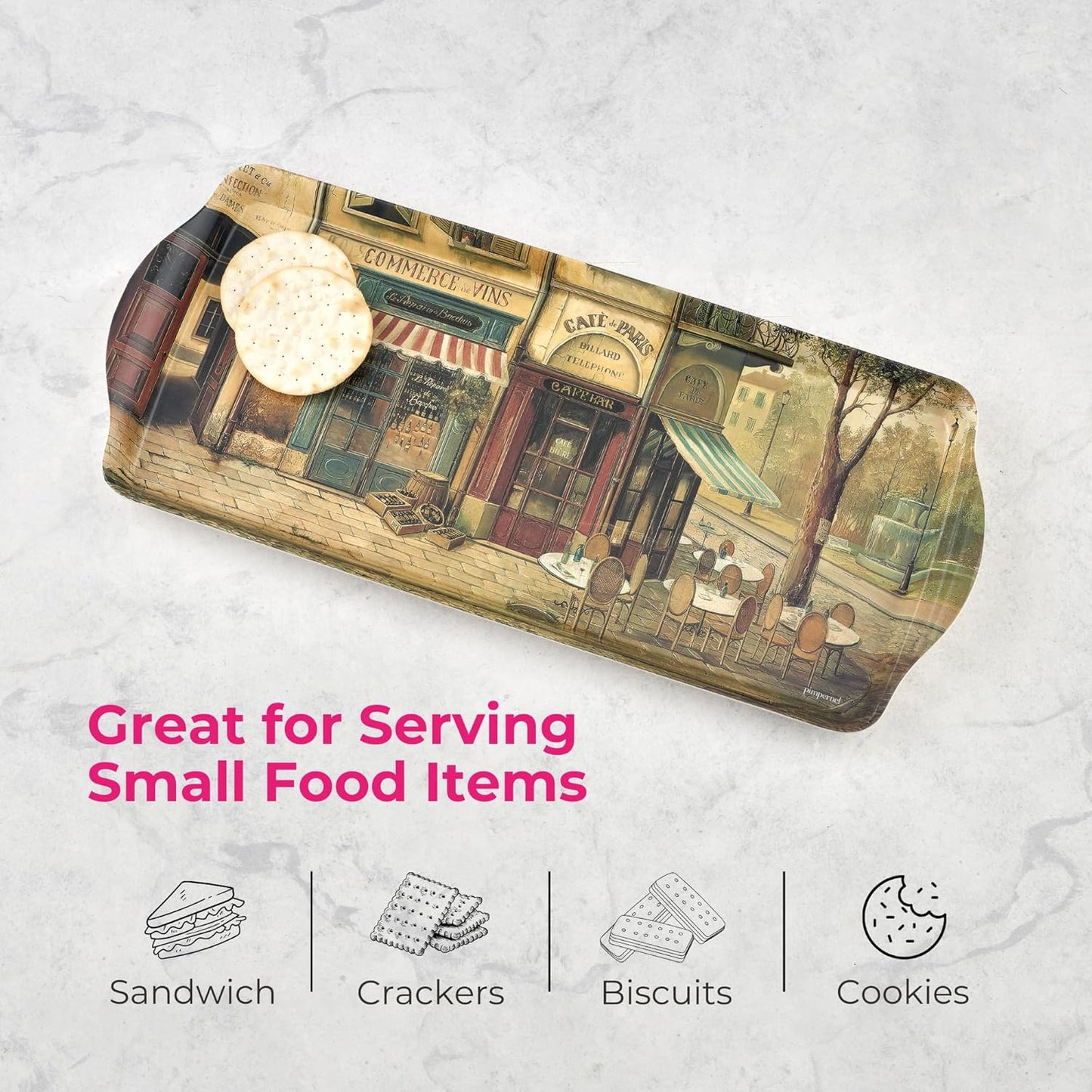 Pimpernel Parisian Scenes Rectangular Hostess Tray - 15.1" x 6.5" Melamine Snack Platter with French Street Illustration - Dishwasher-Safe Decorative Kitchen Accent for Serving