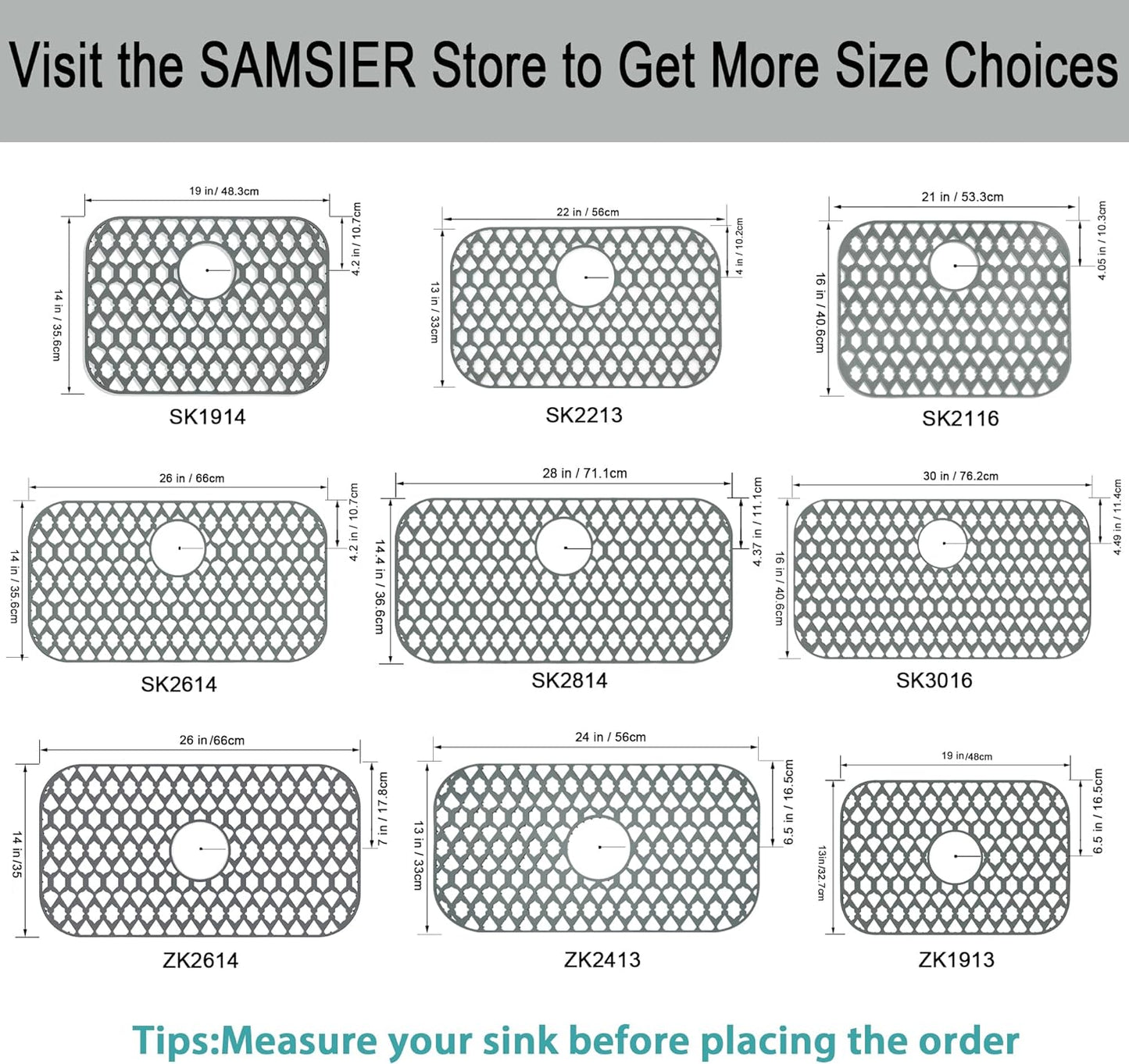 Sink Protectors for Kitchen Sink 19x14 & 21x16 & 22x13 & 26x14 & 28x14.4 & 30x16, Large Silicone Sink Mats Grid for Bottom of Farmhouse Stainless Steel Sink (22”x13”, Rear Drain)