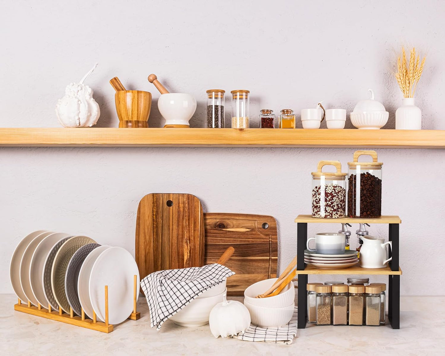 Marsui 4 Pcs Kitchen Organizer Accessories Set Cabinet Organizer Shelf and Bamboo Dish Drying Plate Rack Counter Shelves Storage Holder for Spice Rack, Dish, Pot Lid, Bowl, Cup(Light Color)