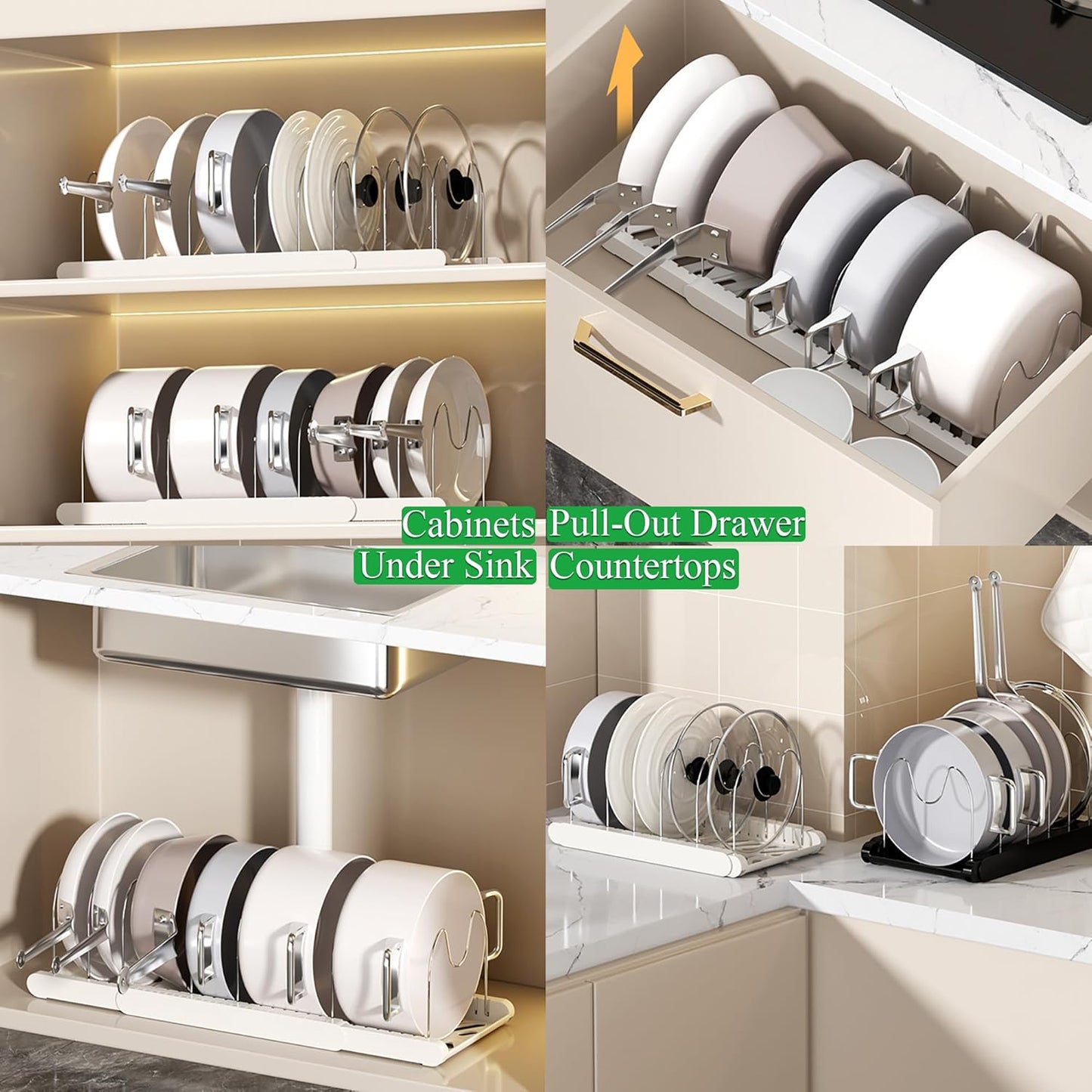 Pot Rack : Pots and Pans Organizer Under Cabinet 7 Adjustable Compartment Expandable Pot Lid Holder for Kitchen Cookware, Bakeware, Lid, Dishes, Cutting Boards,Apricot