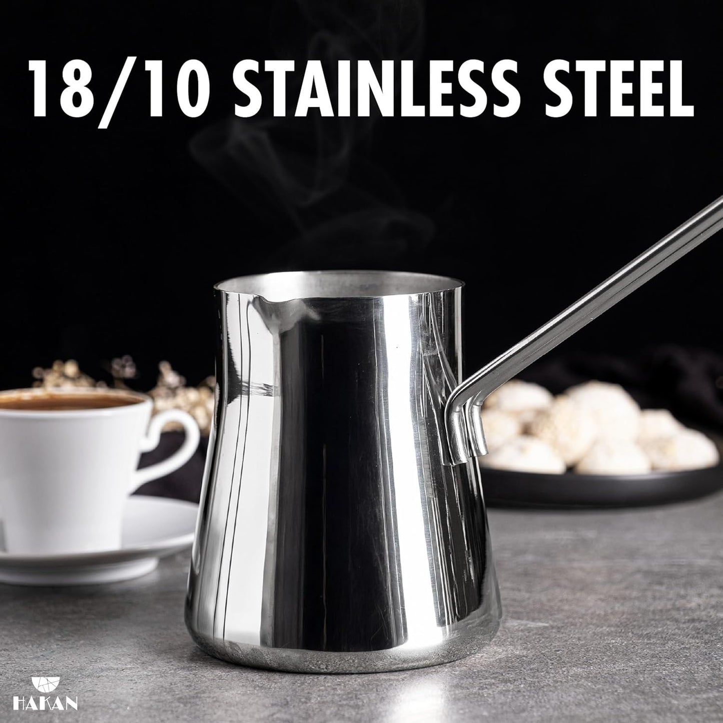 Hakan Topkapı Stainless Steel Turkish Coffee Pot, 16.9 Oz, 500 cc Midi Greek Arabic Coffee Maker with Spout, Stove Top Coffee Maker in Box, Milk Warmer with Handle, Chai Pot Cezve, Ibrik, Briki