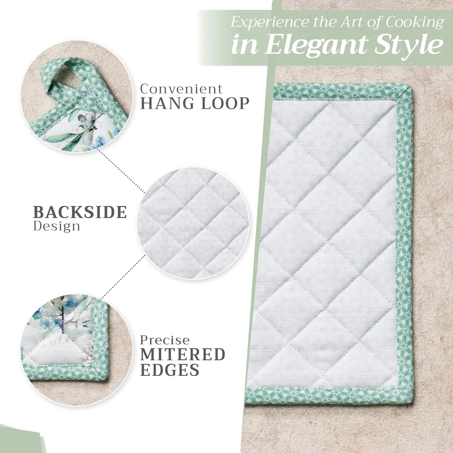 Maison d' Hermine 100% Cotton Oven Mitt & Pot Holder Set (7.5"x13" & 8"x8") Heat Resistant BBQ Cooking Gloves with Loop, Baking, Grilling, Kitchen, Handling Hot Pans (Snowy World)