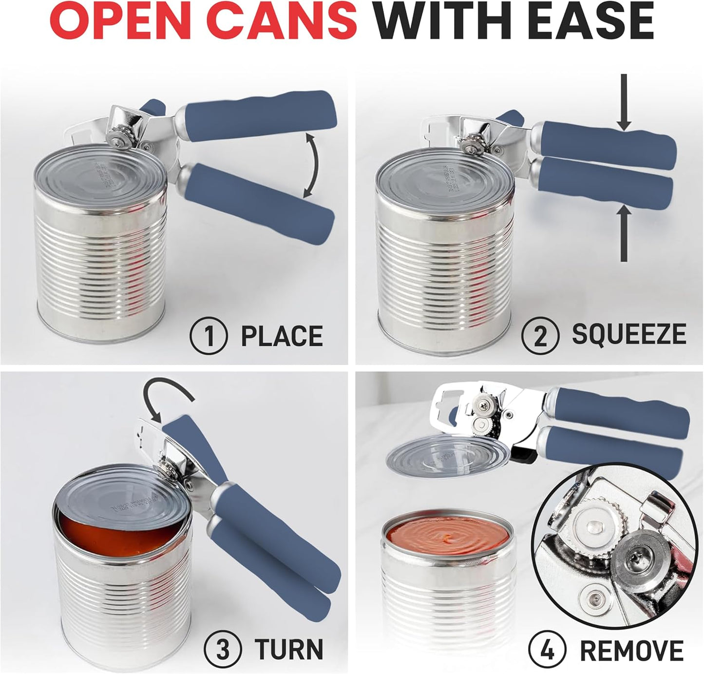 Zulay Kitchen Heavy Duty Stainless Steel Can Opener Manual with Bottle Opener - Rust Proof Manual Can Opener With Turn Knob & Comfy Soft Grip Handles - Blue