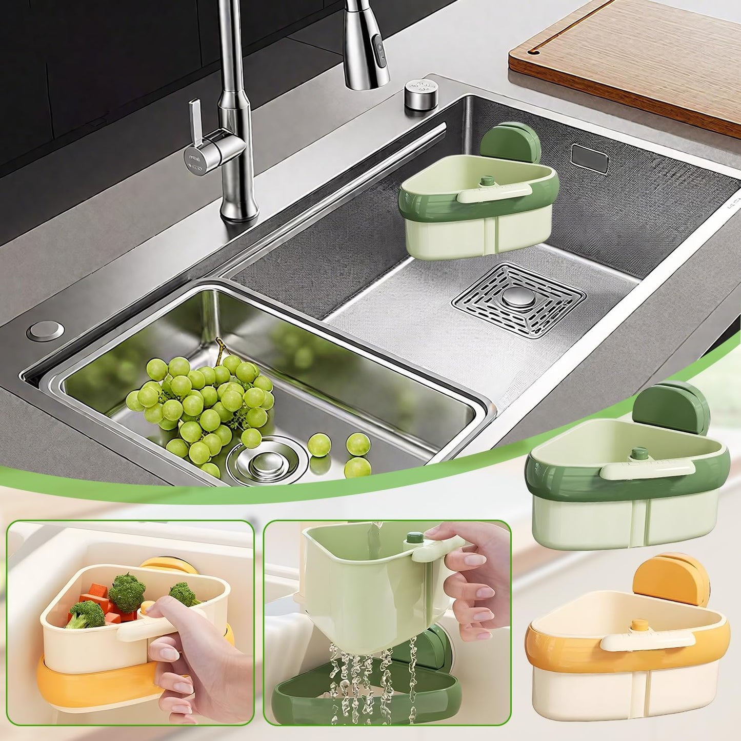 Upgraded Suction Cup Sink Corner Rack, New Press Corner Sink Strainer, Automatic Dumping Sink Strainer Basket, Triangle Storage Rack with Drain Hole, Corner Sink Trash Catcher for Food Waste (Yellow)
