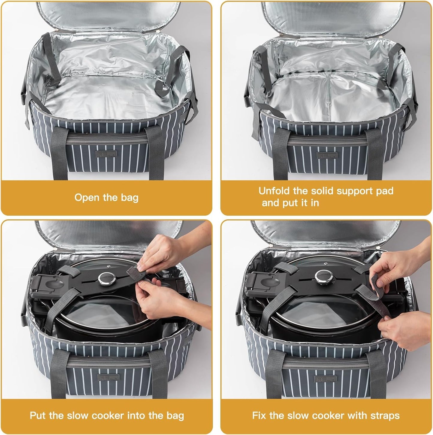 Fun Elements Double Layer Slow Cooker Carrier Bag for 6-8 Quart Oval Crock-Pot, Insulated Crock Pot Travel Bag with Support Pad and Adjustable Straps, Top Zip Compartment and Front Pocket for Utensils