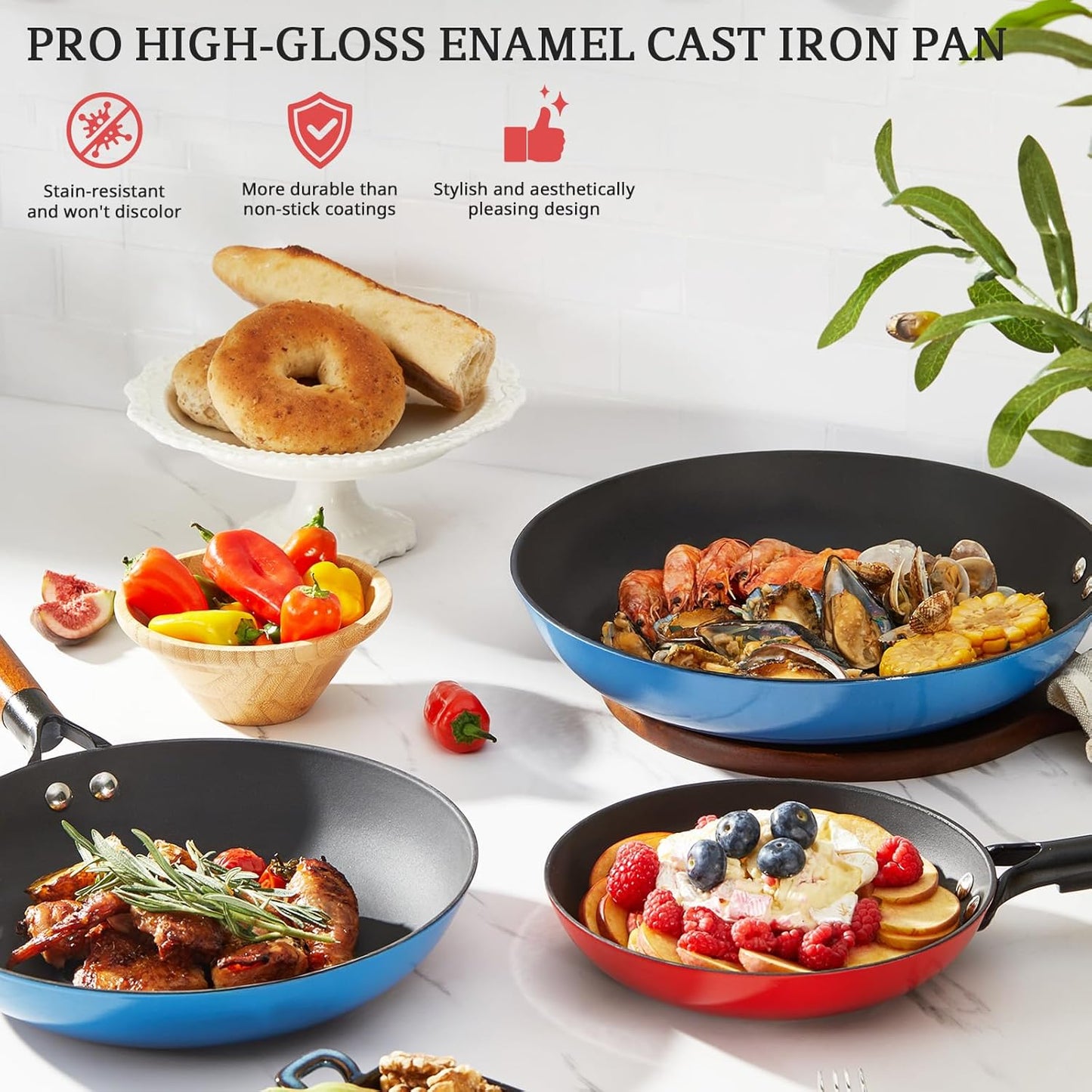 KITESSENSU Titanium Non Stick Frying Pan 8' - Deep Enameled Cast Iron Skillet - Cast Iron Pan for Compatible With All Stovetops - Gradual Burgundy Red