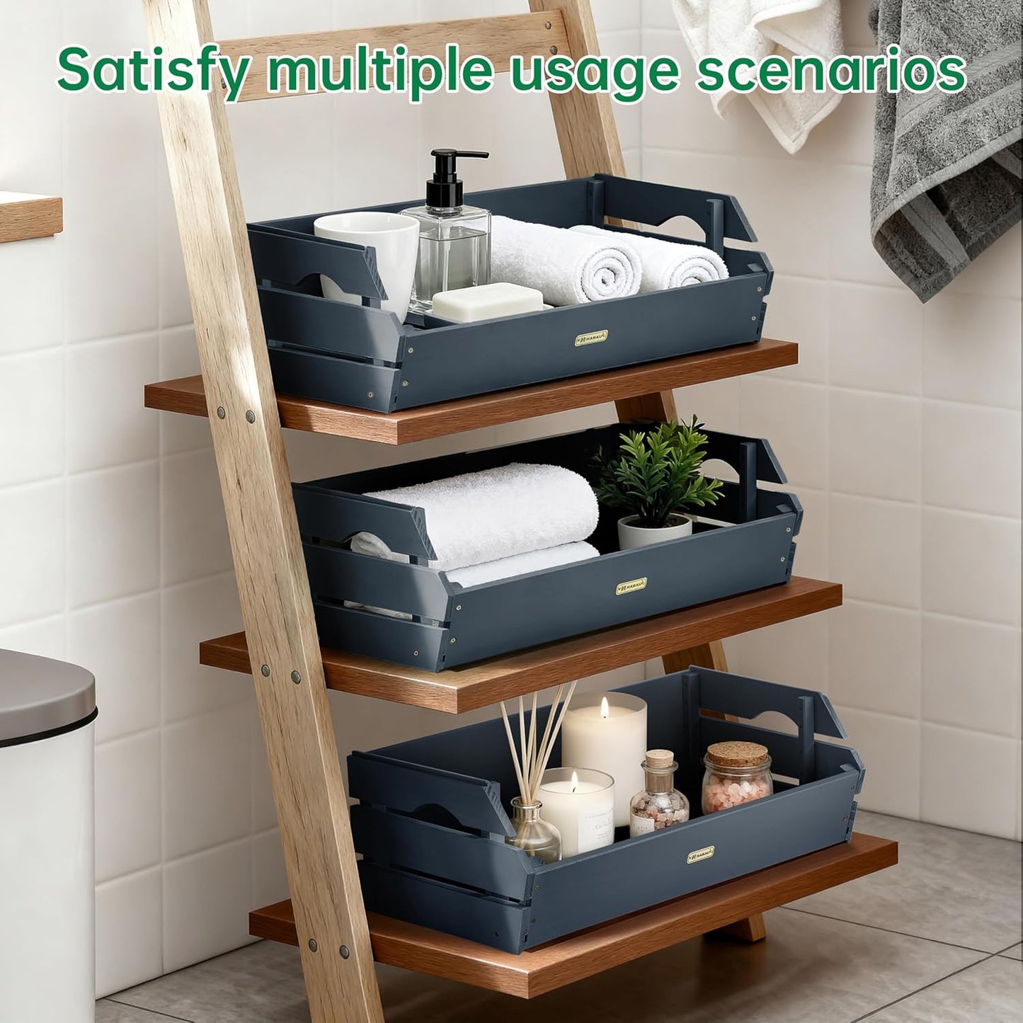 HABAU Wood Potato Onion Storage Bins - Wooden Stackable Produce Basket - Fruit Vegetable Storage for Kitchen Pantry Organization, Set 3 Pieces