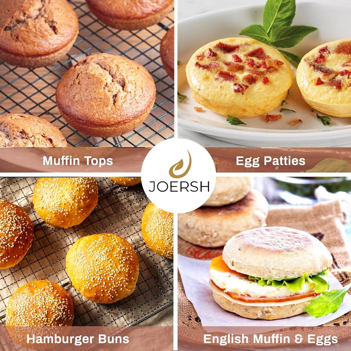 JOERSH 3-PK Silicone Egg Mold Non-Stick 4 Inch Jumbo Size Muffin Top Pan, Large Round Silicone Molds for Baking Hamburger Bun, Egg Bites, Breakfast Sandwiches, Pancakes