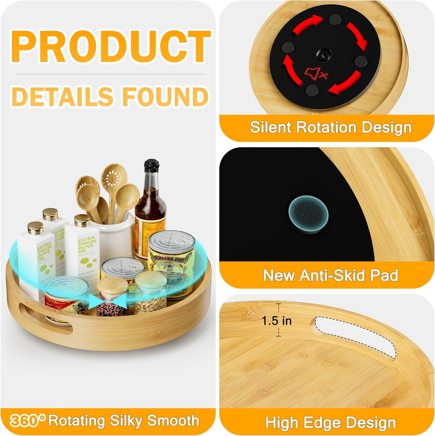 Lazy Susan Organizer Homerays 13 Inch Non-Skid Bamboo Lazy Susan for Kitchen Rotating Spice Rack with Handles, Wood Turntable for Kitchen Cabinet,Countertop (Bamboo, Large)