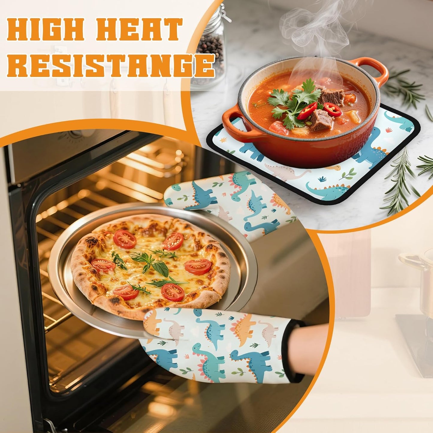 Cute Dinosaur Oven Mitts and Pot Holders,Heat Resistant Oven Mitts Gloves and Pot Holder for Home Kitchen Decorations Cooking Baking BBQ Gifts,Set of 4