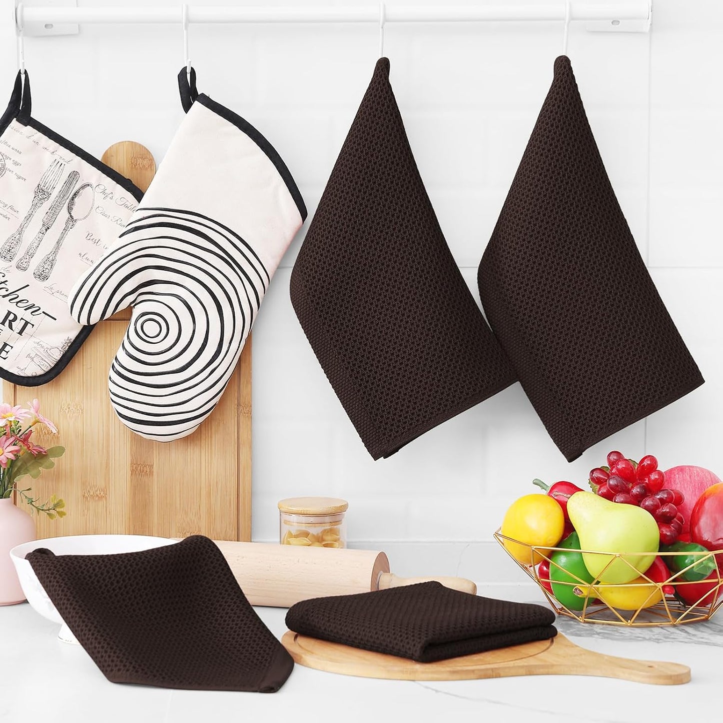 Homaxy 100% Cotton Waffle Weave Kitchen Dish Cloths, Ultra Soft Absorbent Quick Drying Dish Towels, 12 x 12 Inches, 12-Pack, Dark Brown