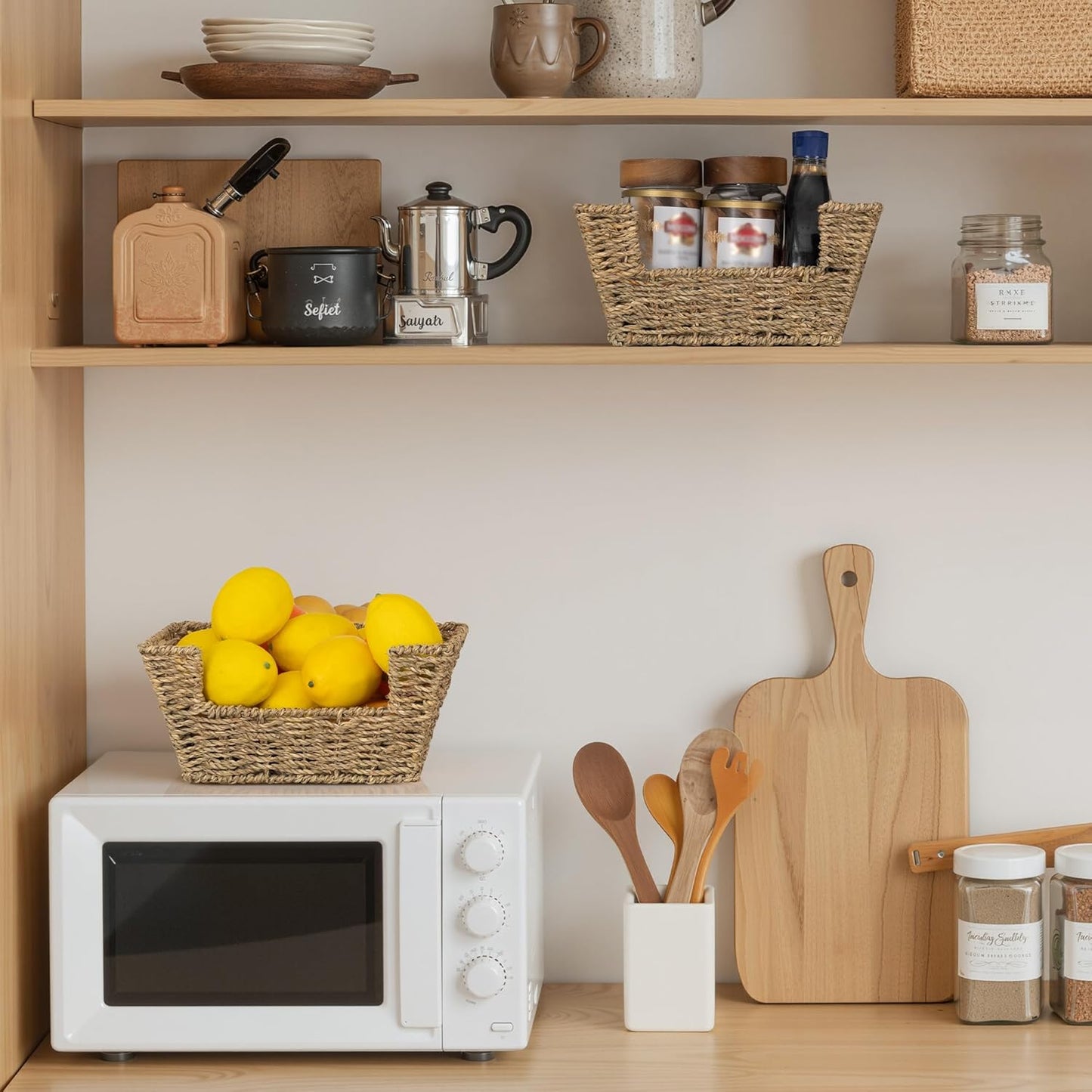 StorageWorks Small Pantry Baskets for Patato and Onion Storage, Wicker Baskets for Organizing with Built-in Handles, Seagrass Pantry Organizers and Storage for Kitchen Shelves, Countertop, 2 Pack