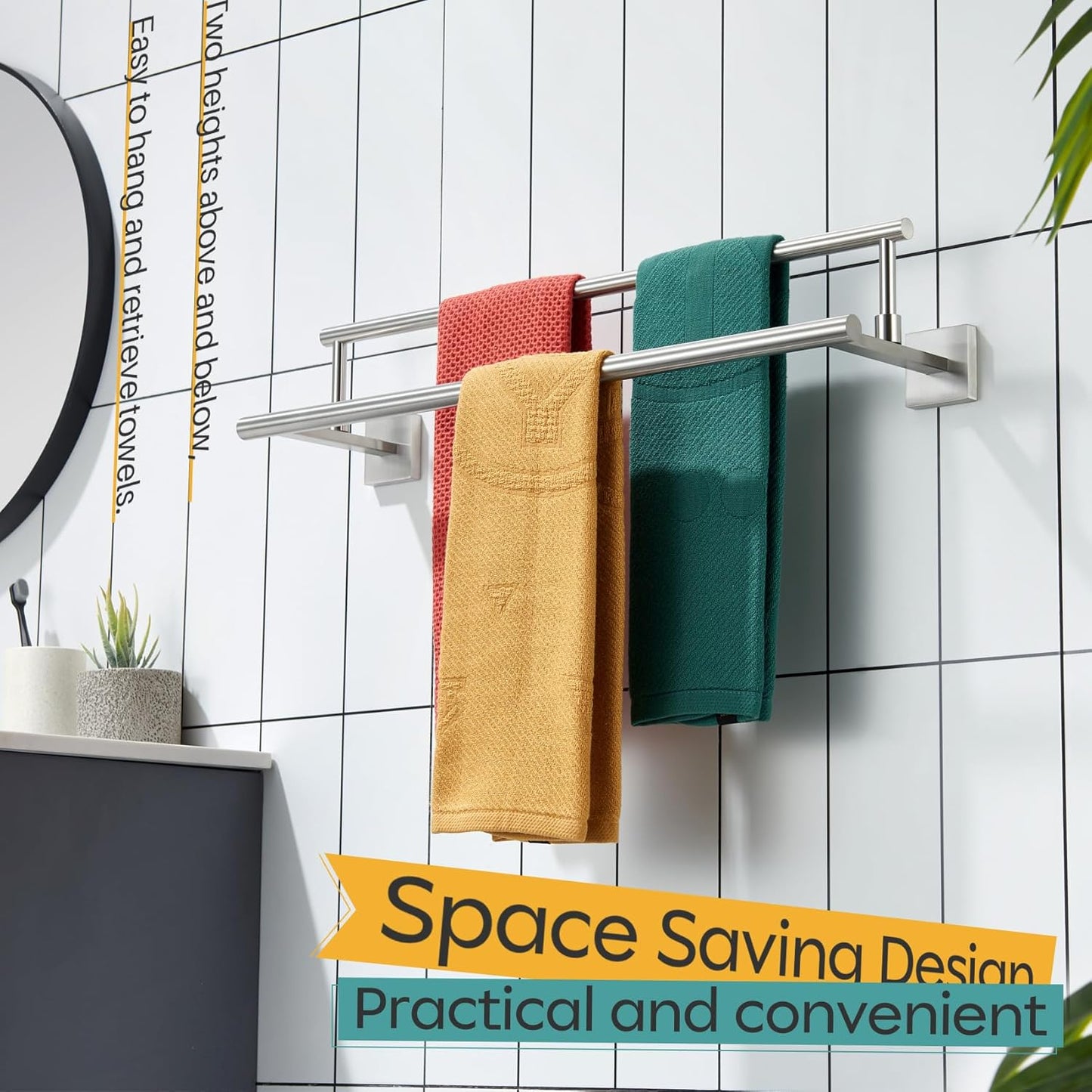 KOKOSIRI Bath Towel Holders Brushed Nickel Bathroom Rack 24-Inch Double Towel Bars Rails for Garage Kitchen Stainless Steel B5009BR-L24