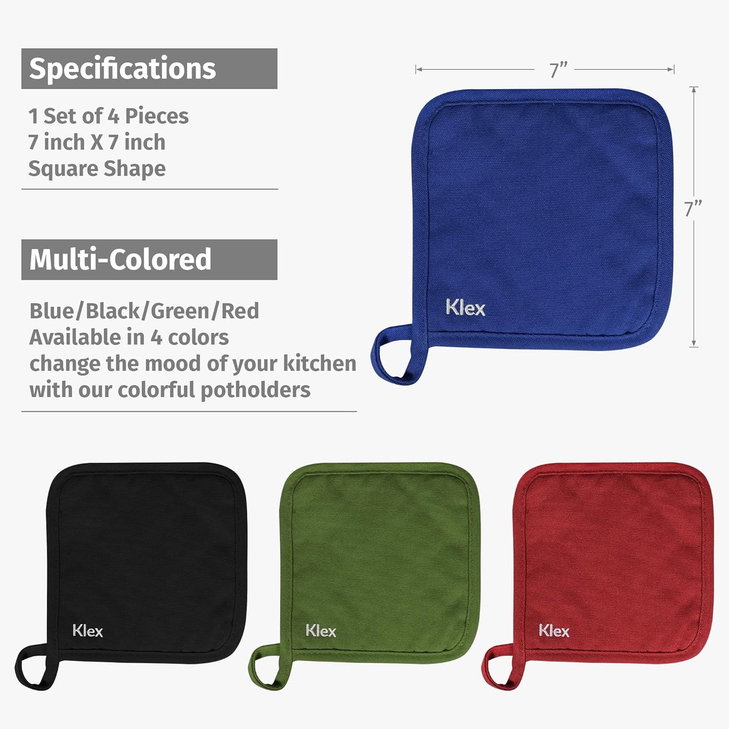 Klex Extra Long Silicone Oven Mitts and Pot Holders, 932°F Degrees Heat Resistance with Quilted Liner Oven Gloves and Hot Pads, 4 Piece Set, 15 inch, Blue