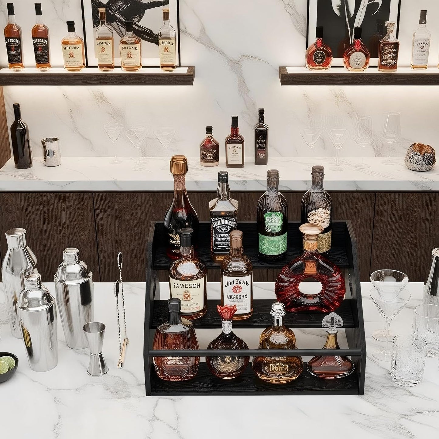 3 Tier Wood Liquor Bottle Display Shelf, Coffee Syrup Organizer Rack, Wine Racks Countertop, Bar Shelf for Vodka Tequila Whiskey, Liquor Cabinet for Home Decor, Mini Bar, Black Bar Organizer