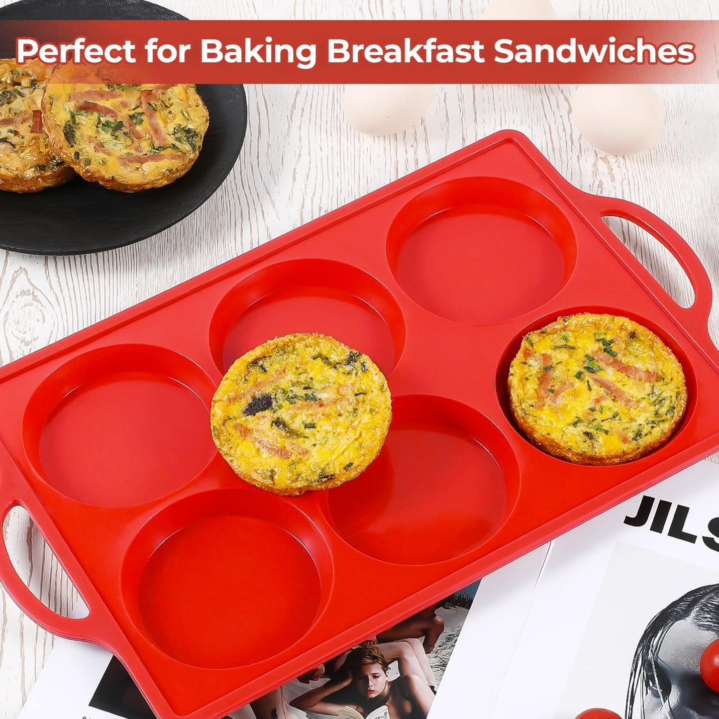 CAKETIME Silicone Muffin Top Pan with Metal Frame, 4 Inch Jumbo Non Stick Round Egg Baking Pan for Oven English Muffins, Whoopie Pies, Corn Bread, Egg Bites, Breakfast Sandwiches Tarts 2 Pack Red