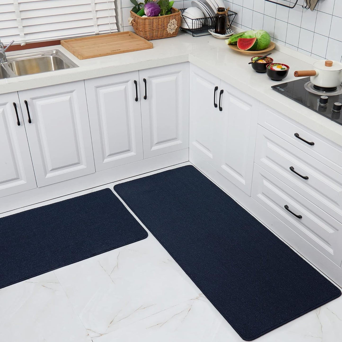 COSY HOMEER 24x35 Inch/24X60 Inch Kitchen Rug Mats Made of 100% Polypropylene Strip TPR Backing 2 Pieces Soft Kitchen Mat Specialized in Anti Slippery and Machine Washable,Navy