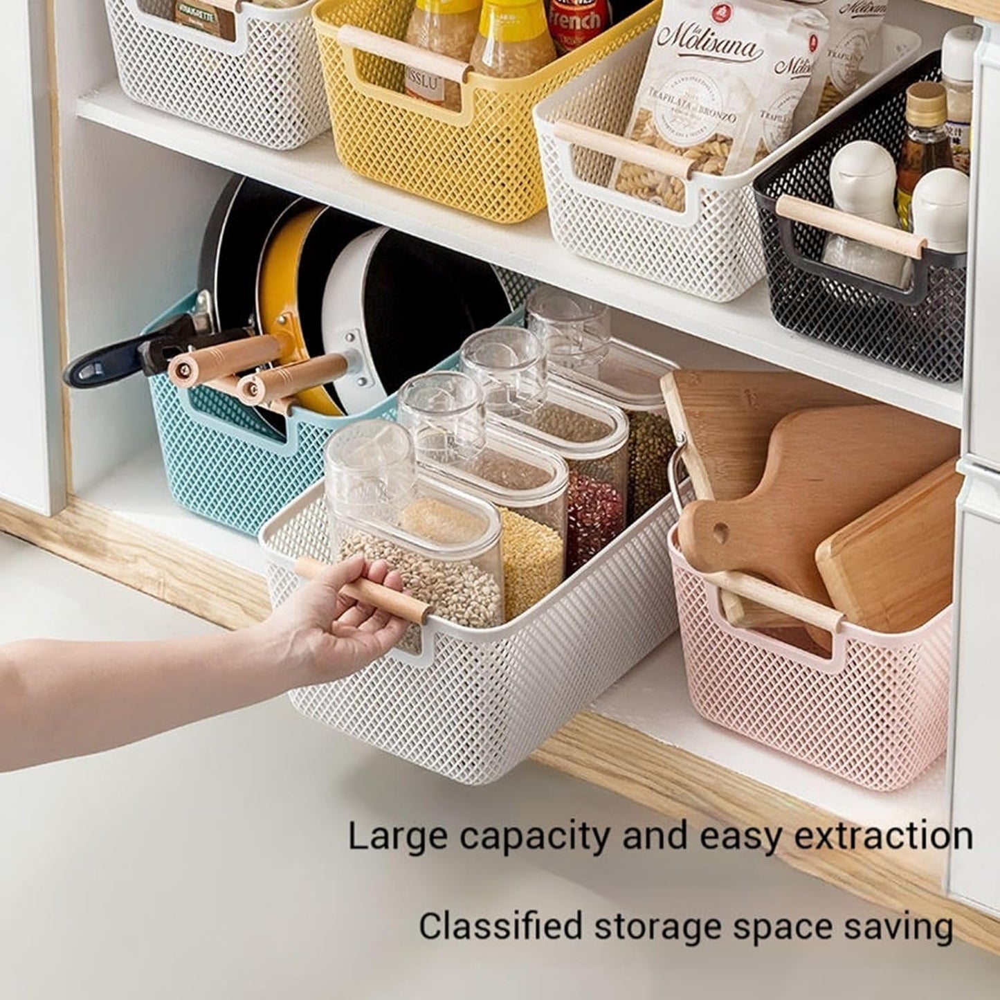 Metal Mesh Steel Basket, Medium Wire Storage Organizer Basket Multi-function Hanging Kitchen Basket with Wood Handle for Kitchen Bathroom Picnic Home, Rectangle-Pink