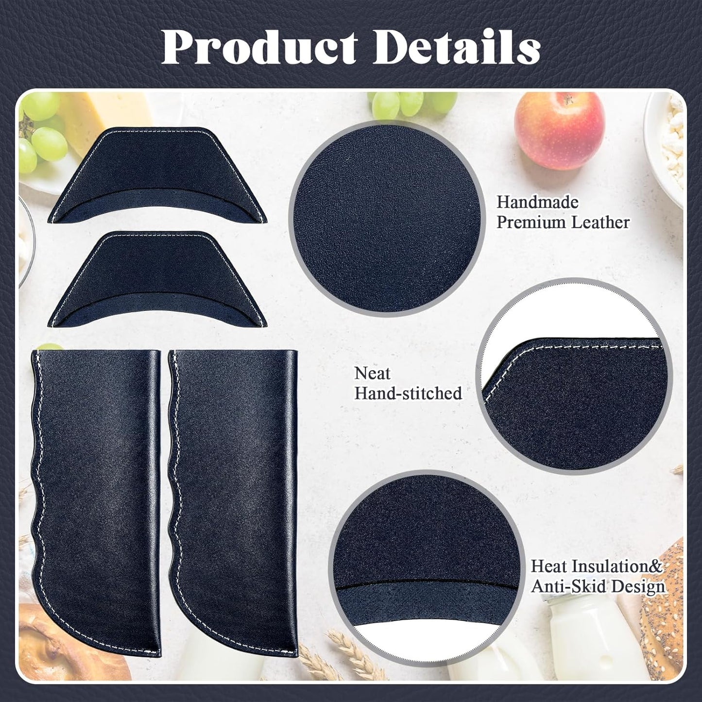 Baderke 4 Pcs Leather Cast Iron Handle Cover Handmade Leather Heat Resistant Skillet Handle Set Pot Holder for Hot Frying Pans, Pots(Blue)