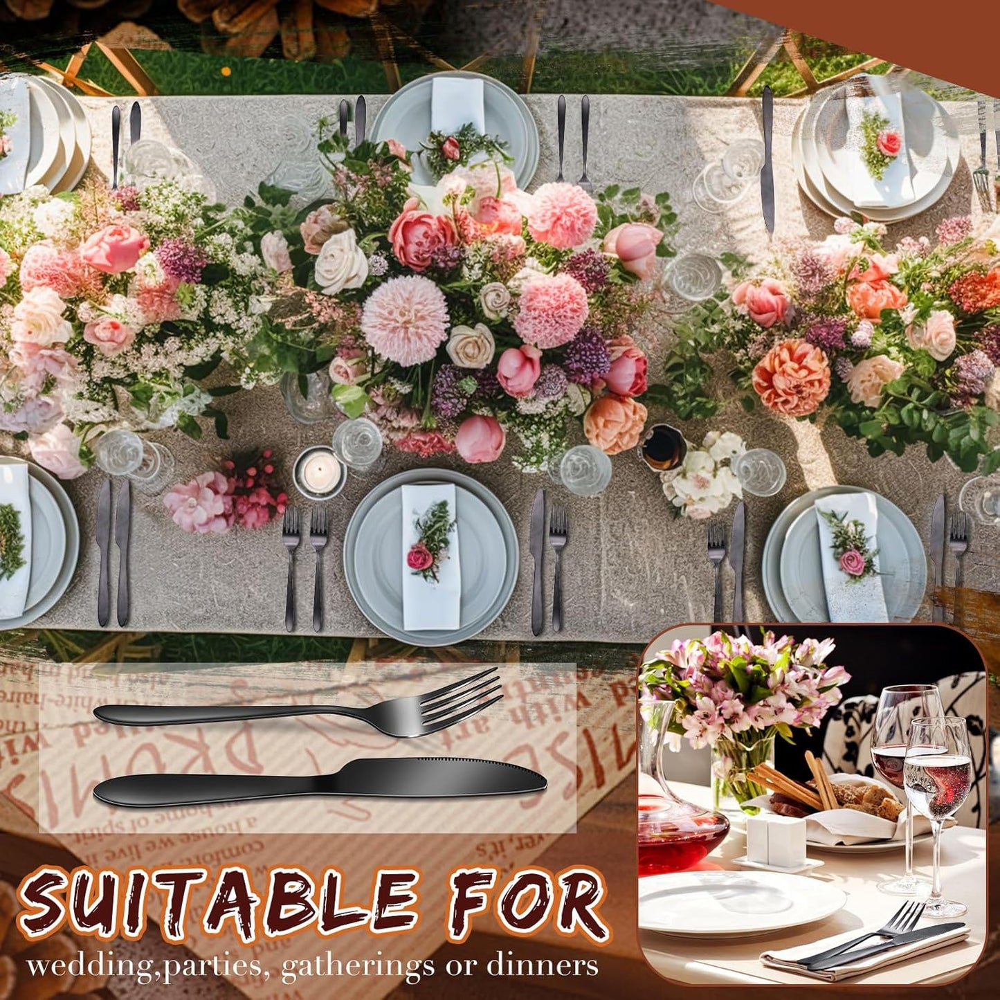 Nuenen 50 Pieces Stainless Steel Forks Silverware Set Dinner Forks and Knives Flatware Tableware Cutlery Set for Kitchen Restaurant(7.1 x 1 Inch, 8.4 x 0.7 Inch,Black)