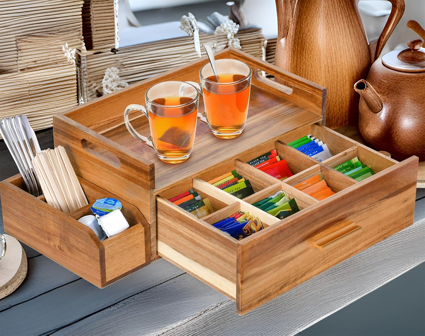 Acacia Wood Tea Bag Organizer, Wooden Tea Bag Storage Box Holder with Drawer for Kitchen Office Tea Bar Countertop