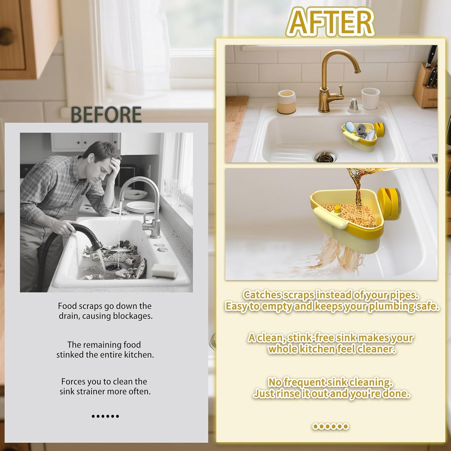 Sink Strainer Basket | Suction Cup Press Sink Drainer Basket | Automatic Dumping Sink Strainer Basket | Faucet Sponge Storage Rack | Corner Sink Trash Catcher for Food Waste (Yellow)