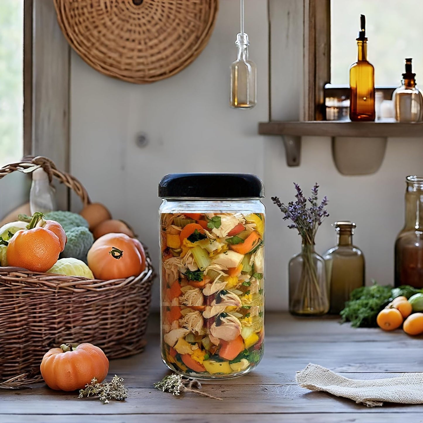 Jarming Collections Mason Jars - 32 oz Glass Storage Jars with Extra Wide Mouth Lids, BPA Free and Food Safe - Set of 2 with 2 Black Dome Plastic Lids