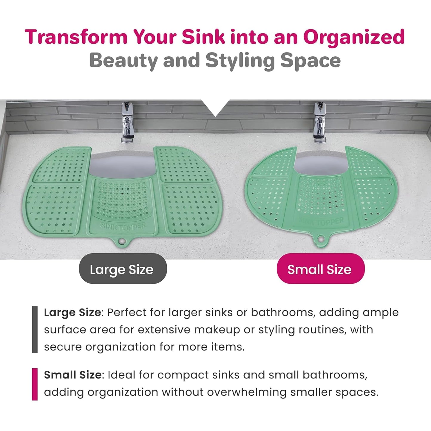 Sink Topper Bathroom Counter Cover & Storage Saver, Foldable Silicone Mat for Hot Tools, Hair Styling & Makeup, Beauty Brush Cleaning Mat, RV Camper Sink Cover & for Small Spaces (Standard Green)