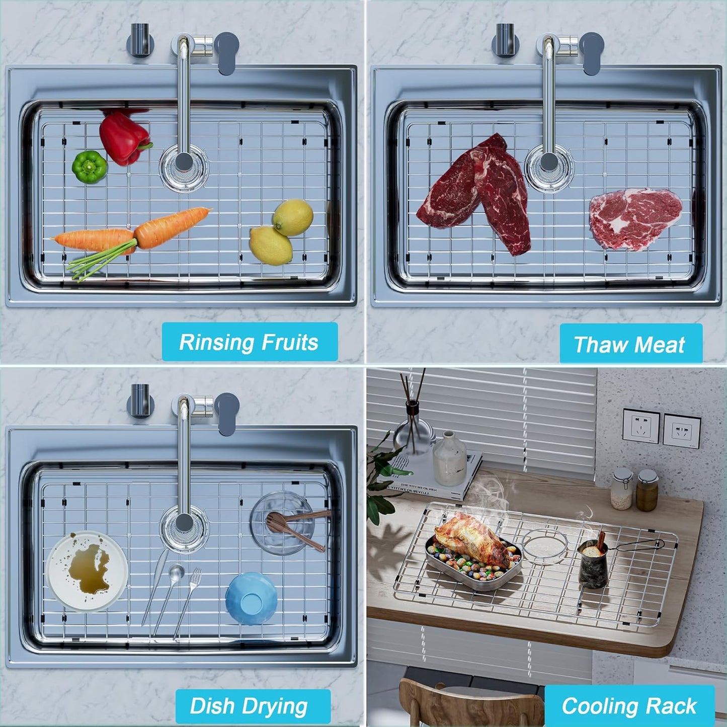 iPEGTOP Sink Rack for Bottom of Sink, Stainless Steel Sink Protector 28-3/8" x 14-3/16" Rear Drain Hole, Detachable Sink Grid Sink Grate with Hole Cover for Kitchen Sink Single Sink Bowl, Three-Piece