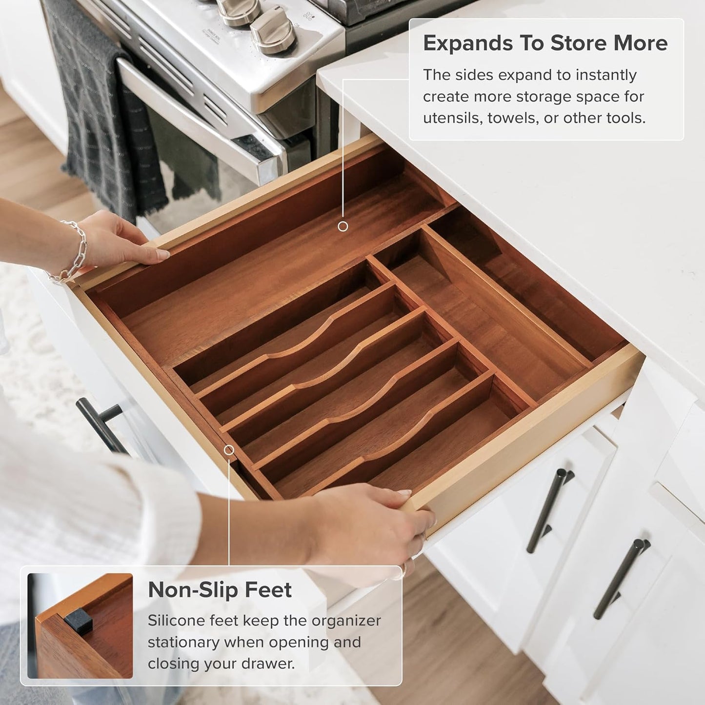 Premium Silverware, Flatware and Utensil Organizer for Kitchen Drawers, Food-Safe Contract Grade, Expandable from 10.5 to 19 In, Natural Acacia