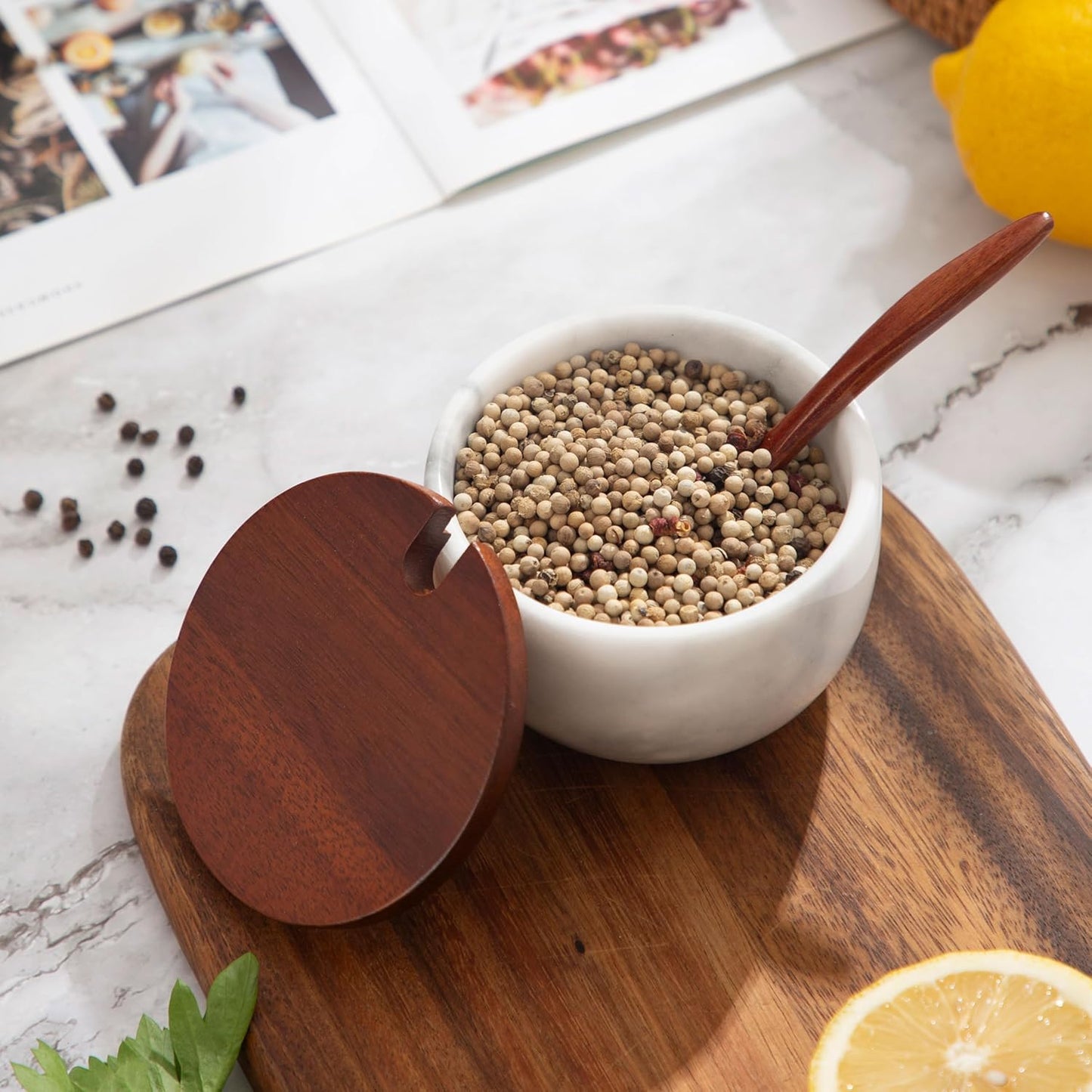 Marble Salt Cellar with Lid & Spoon, 11oz Salt and Pepper bowls, Handcrafted from Natural Marble, Smooth Inside (white bowl)