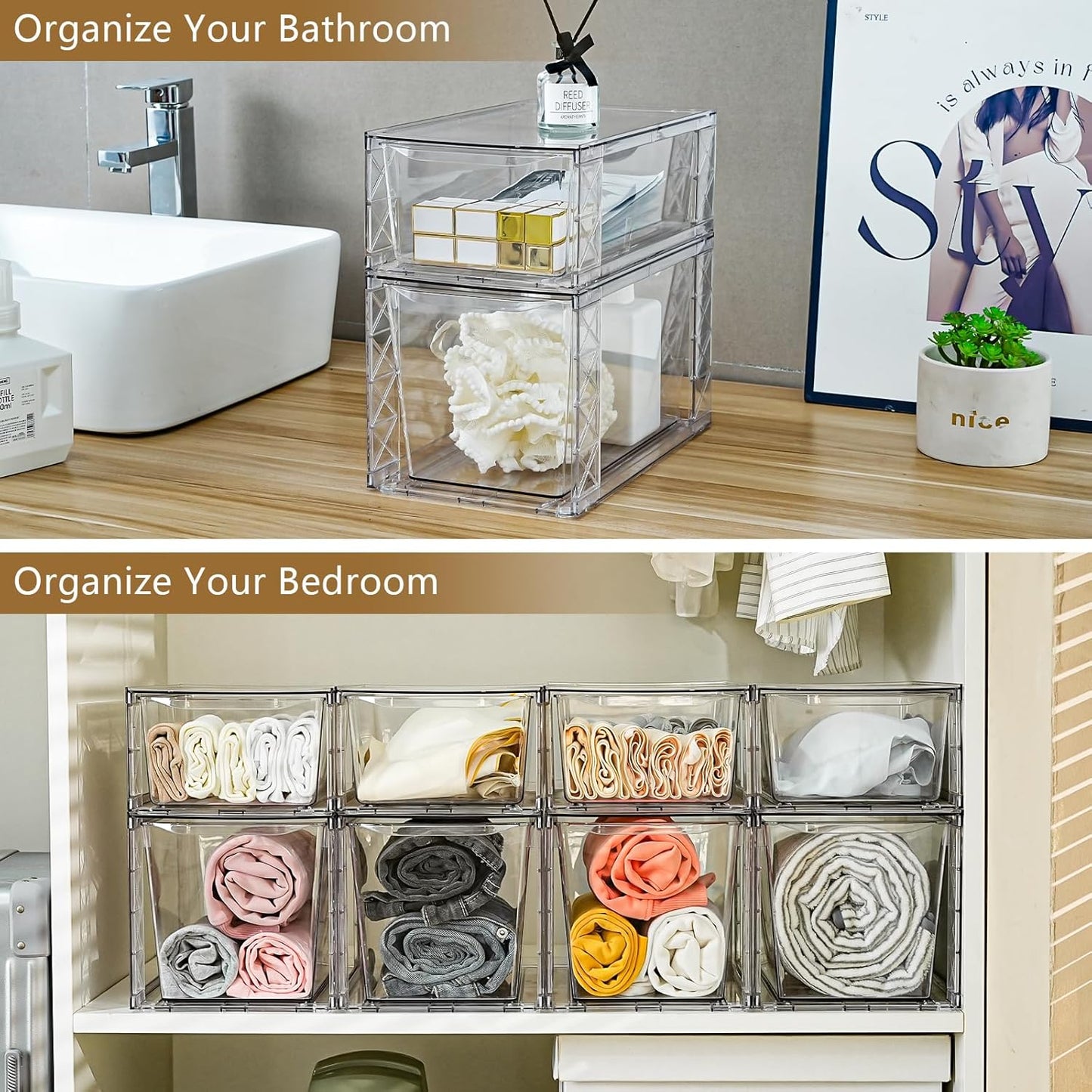 8Pack Stackable Kitchen Storage Organizer, Pantry Organizers and Storage, Clear Foods Organizer Bins with Handles, Easily Assemble for Bathroom, Kitchen, Pantry, Cabinet, Closet